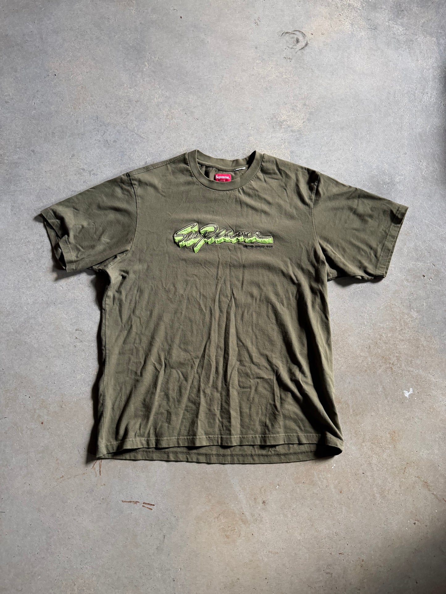 Supreme Shadow Script S/S Dark Olive Tee Sz L