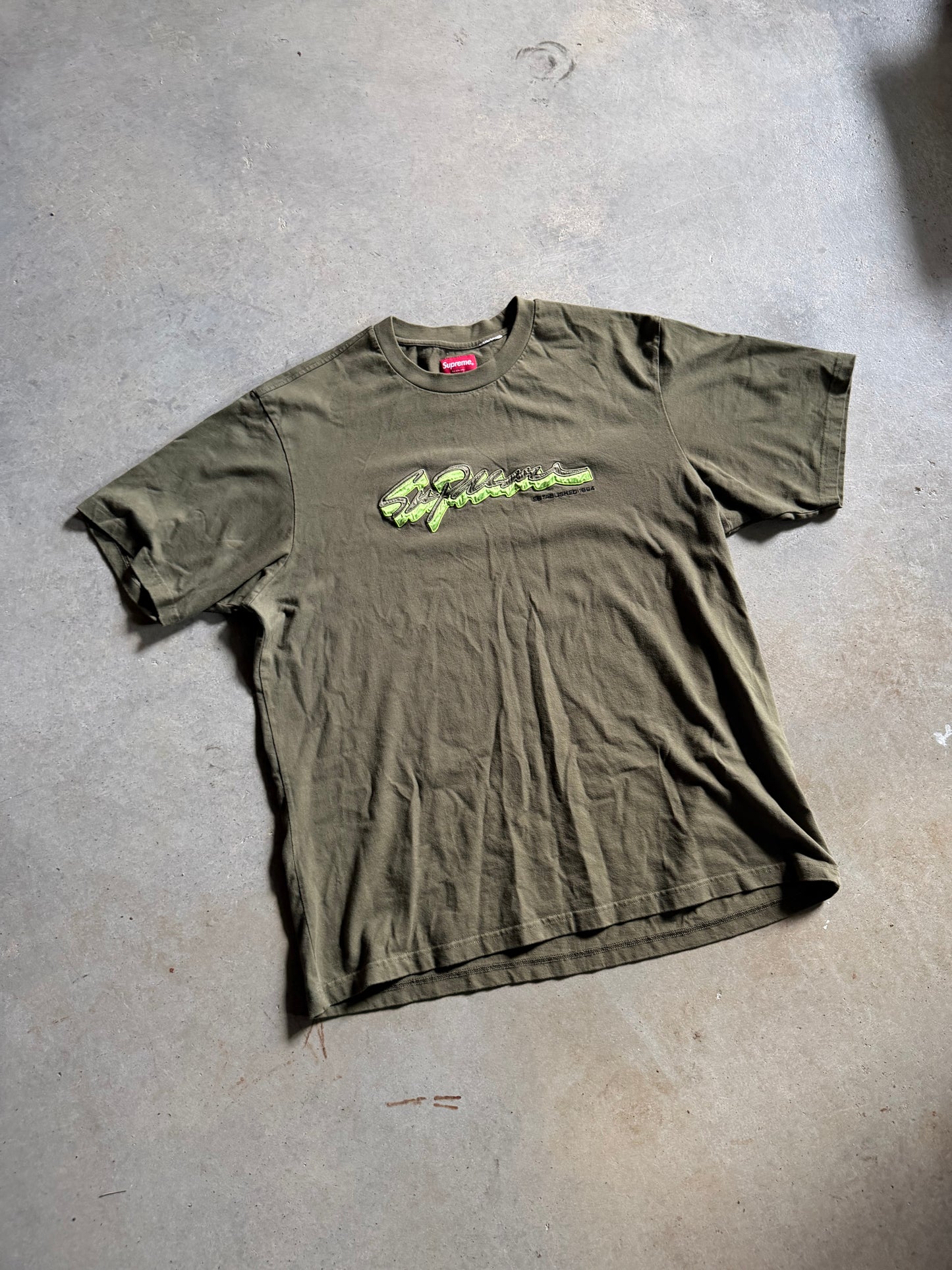 Supreme Shadow Script S/S Dark Olive Tee Sz L