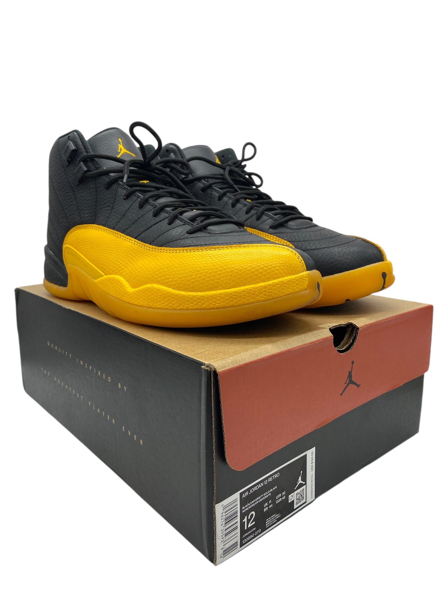 Preowned Jordan 12 Retro Black University Gold Sz 12M/13.5W