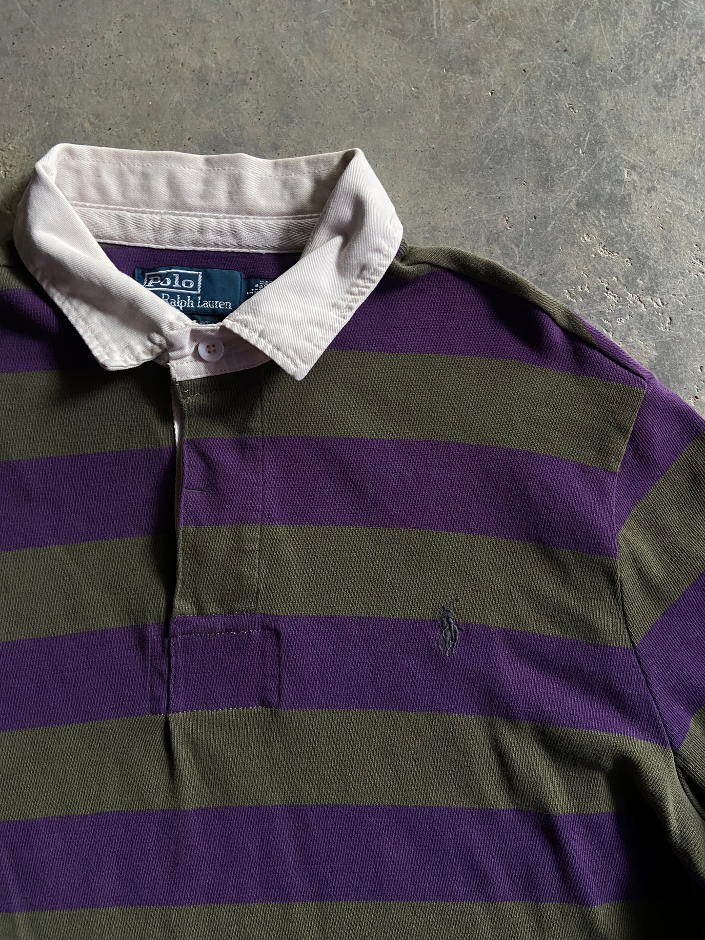 VTG Polo Ralph Lauren Green and Purple Rugby Shirt Sz L/XL