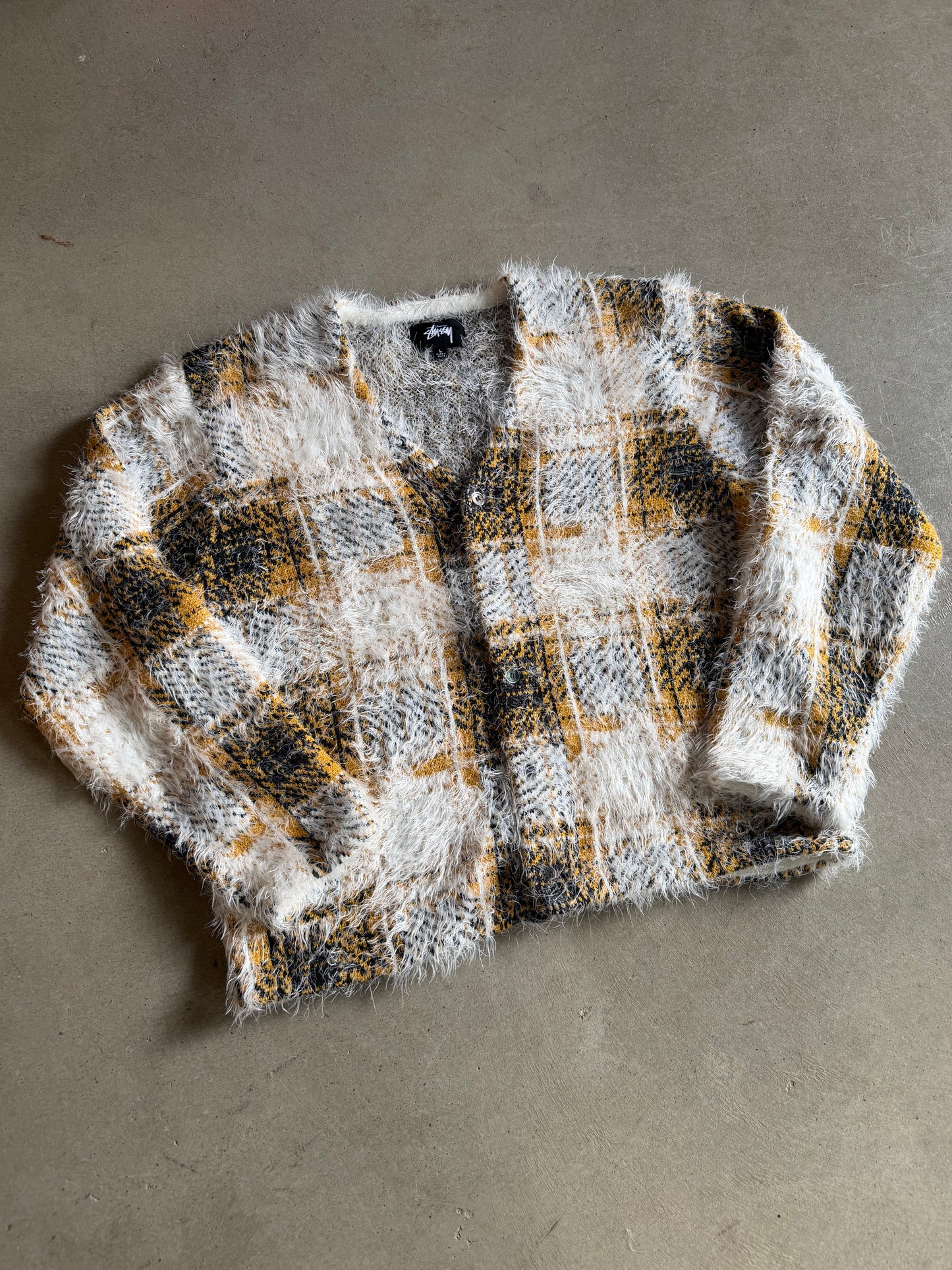 Stussy Yellow/White Fuzzy Cardigan Sweater Sz L