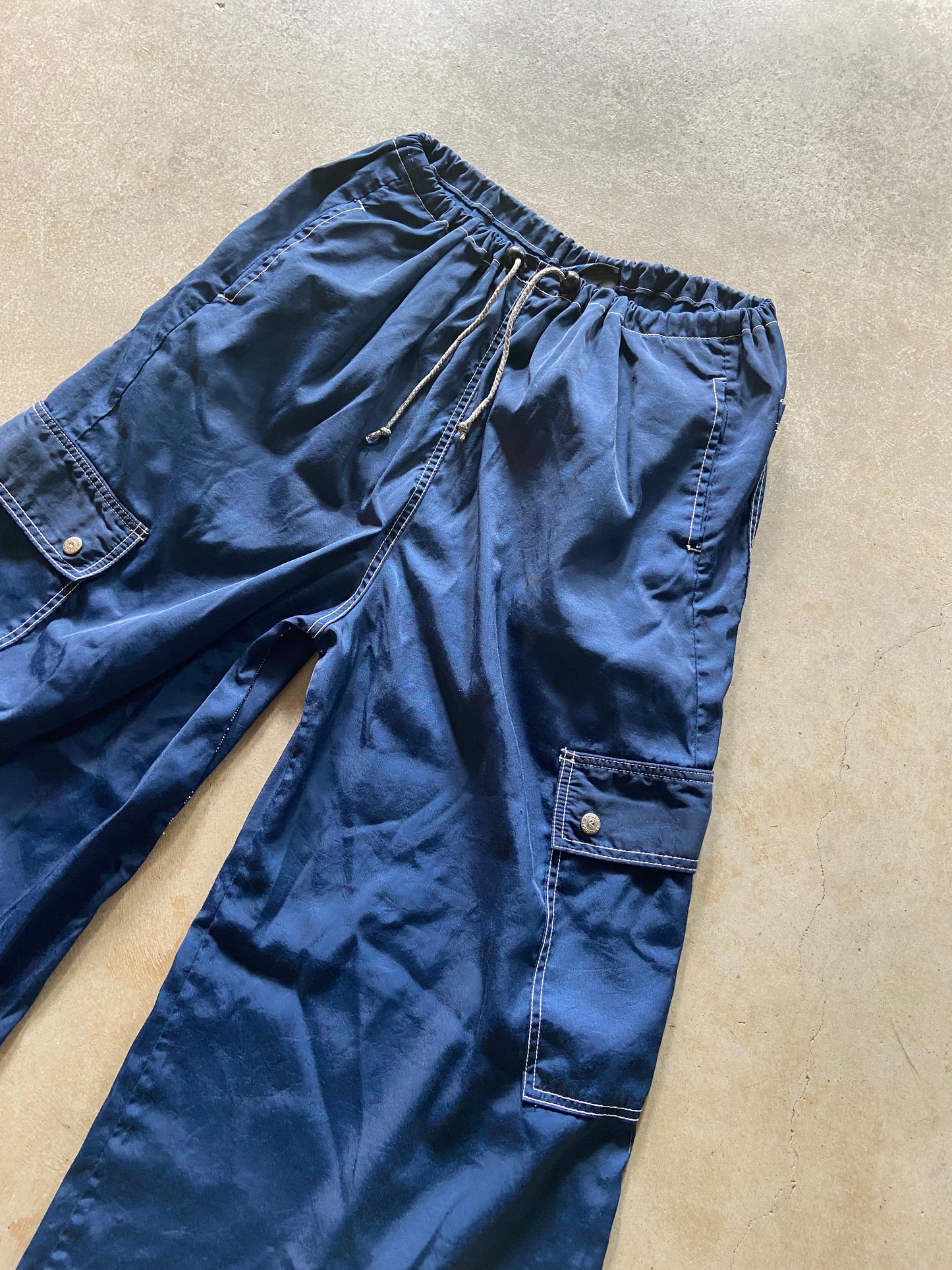 90s Kikwear Cargo Pants Baggy Rave Nylon Wide Drawcord Pants Sz 32x30