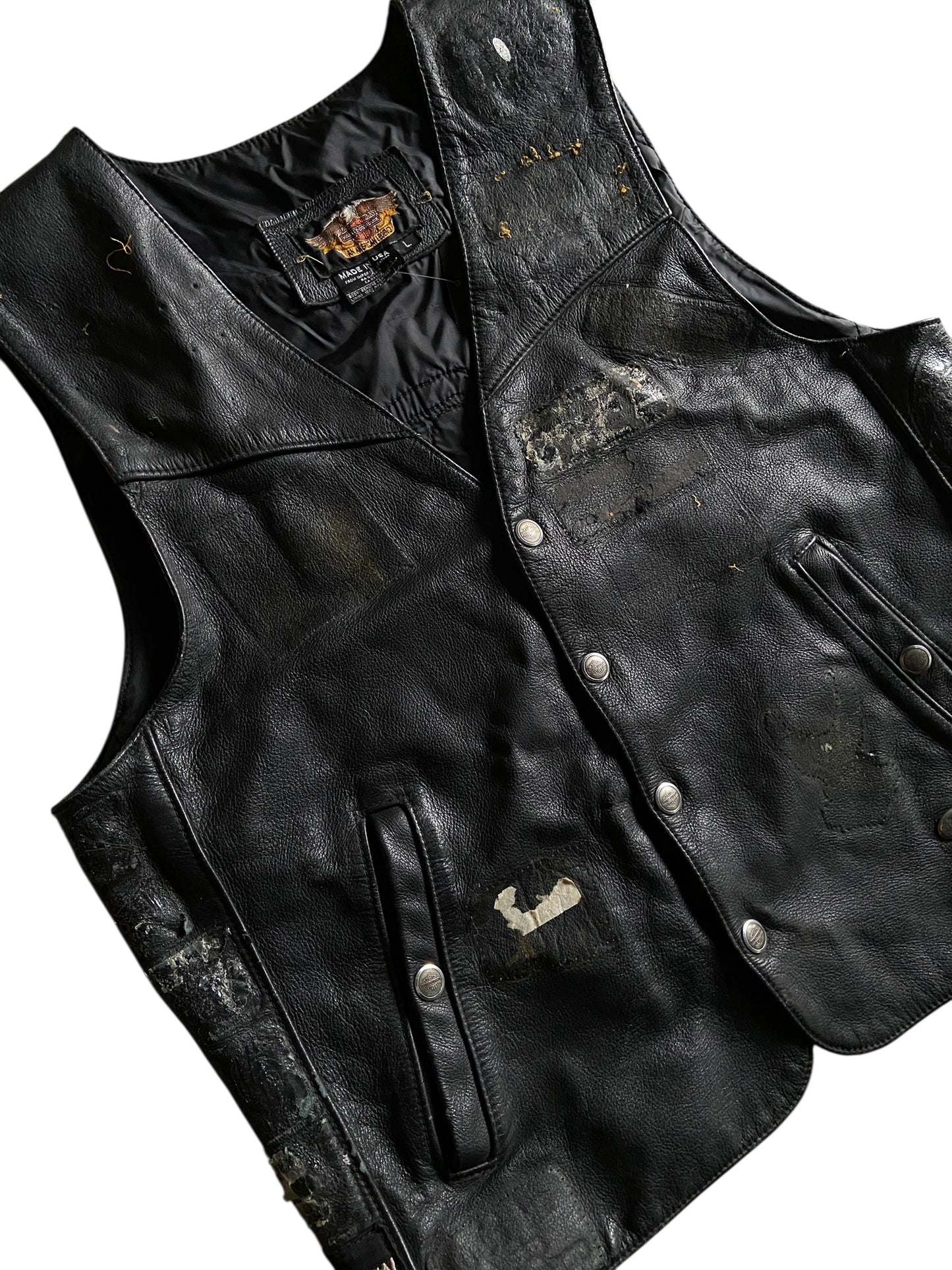 VTG Thrashed Harley Davidson USMC Leather Vest Sz L