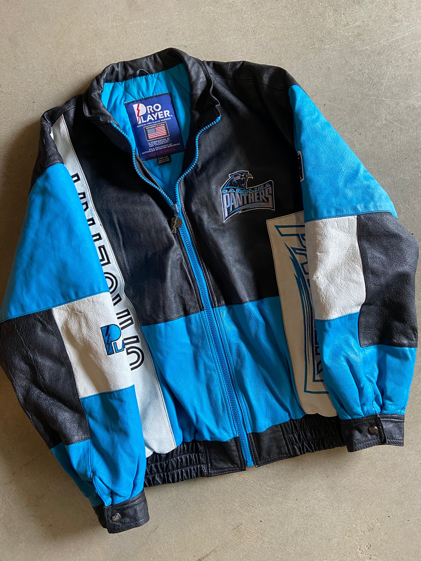 Vintage 1994 Pro Player NFL Panthers Leather Zip Jacket Size XL