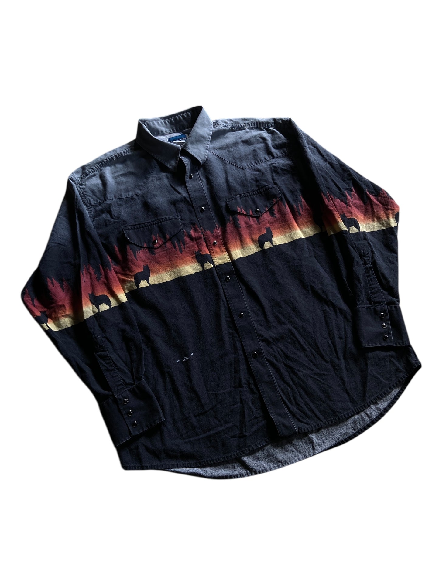 VTG Wrangler Western Wolves Button Up Shirt Sz 2XL
