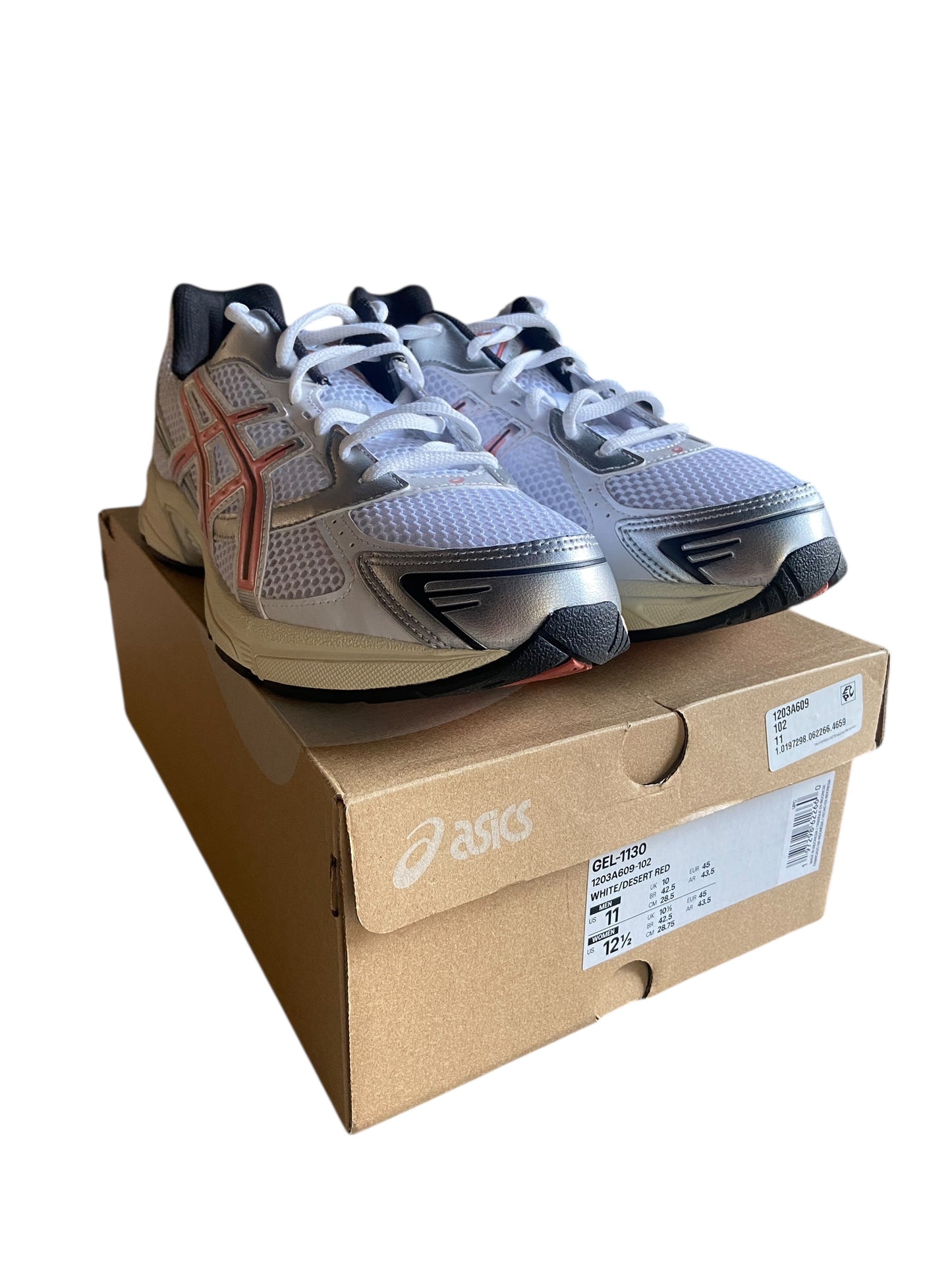 Preowned ASICS Gel 1130 White/Desert Red Sz 11M/12.5W