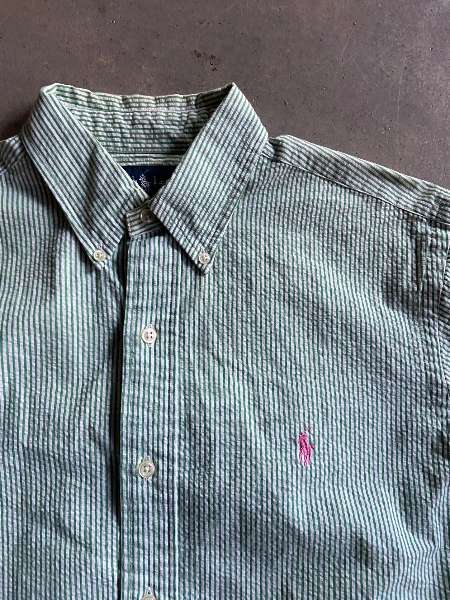 VTG Ralph Lauren Green Seersucker S/S Shirt Sz M