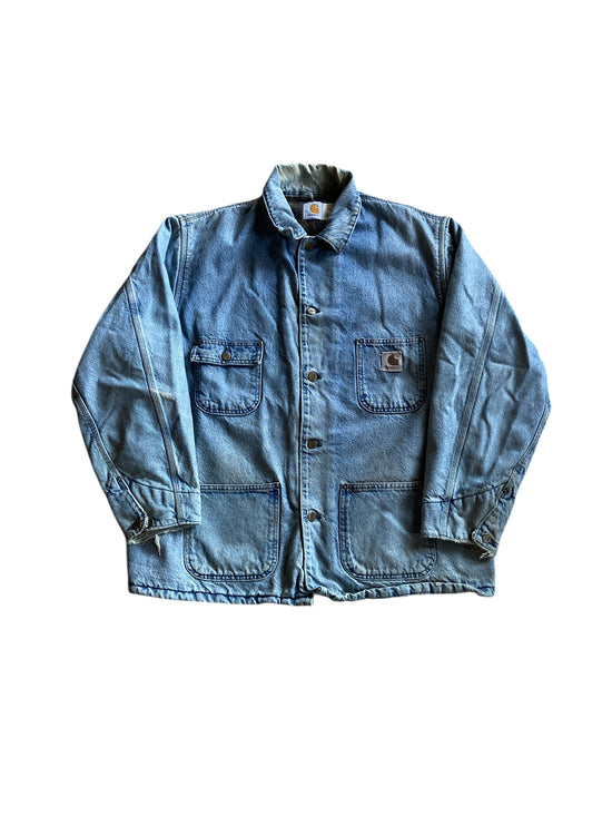 VTG Union Made Carhartt Denim Blanket Lined Chore Coat CB0408 Sz XL