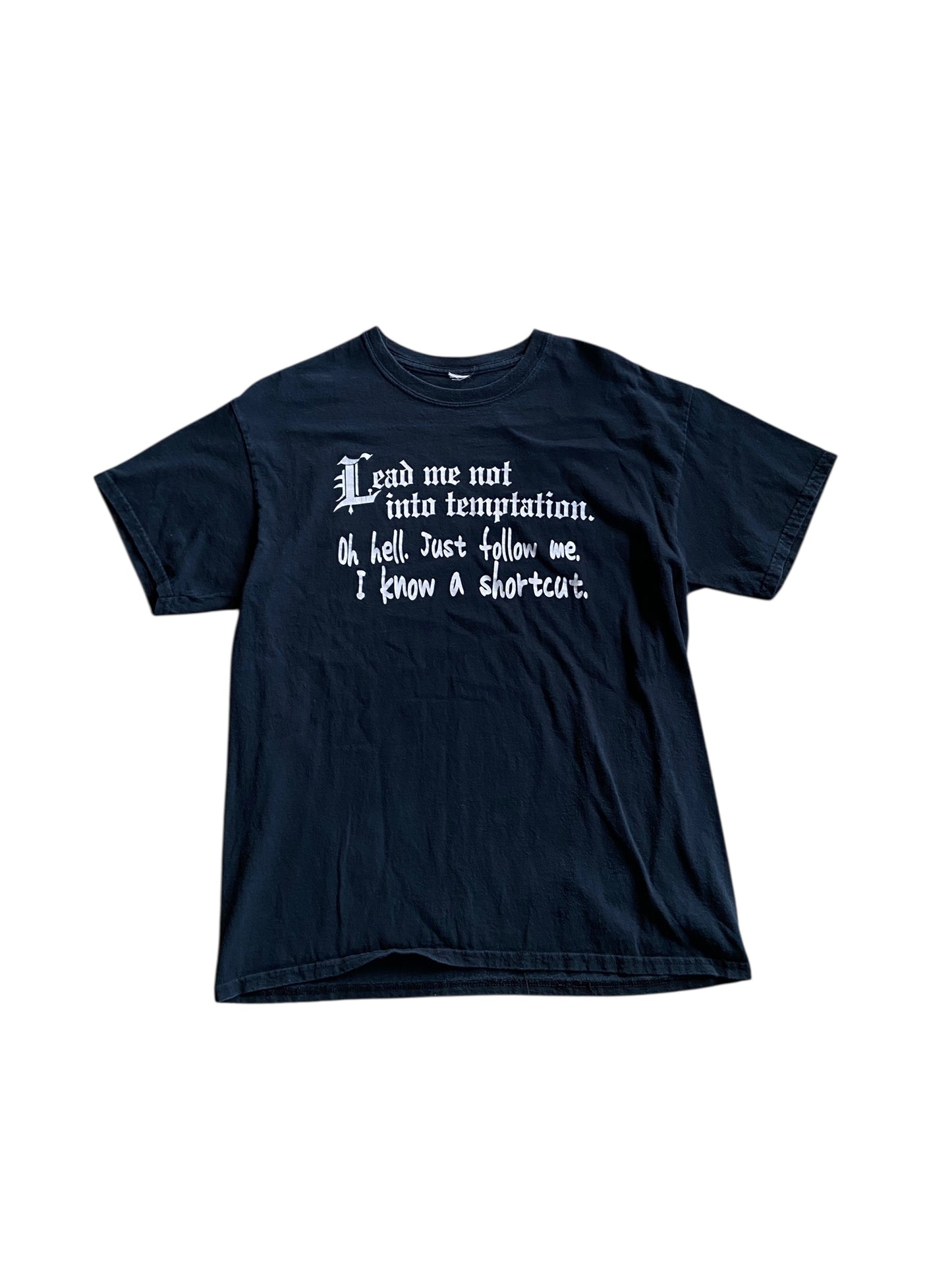 VTG Lead Me Not Into Temptation Text Tee Sz M