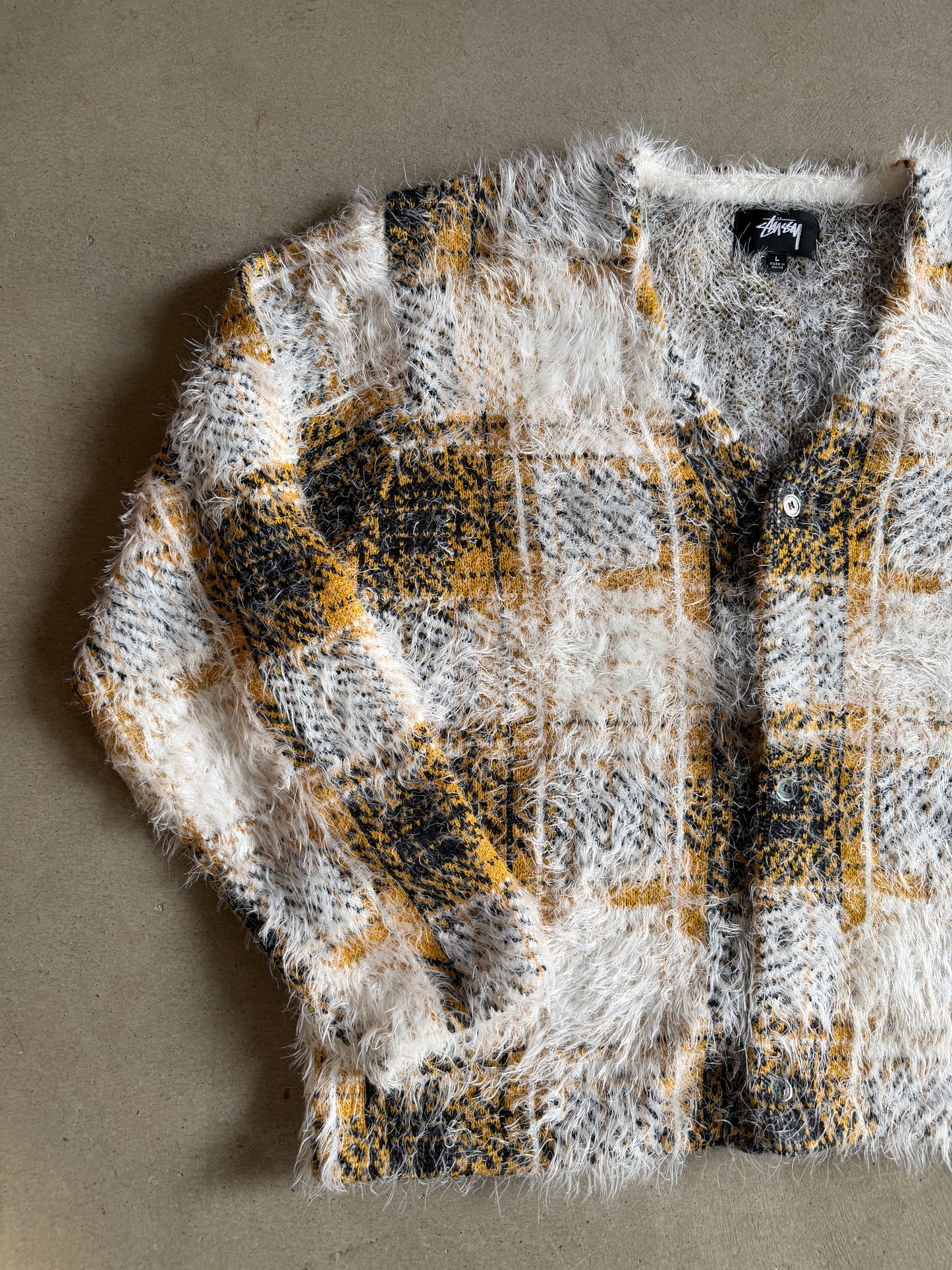 Stussy Yellow/White Fuzzy Cardigan Sweater Sz L