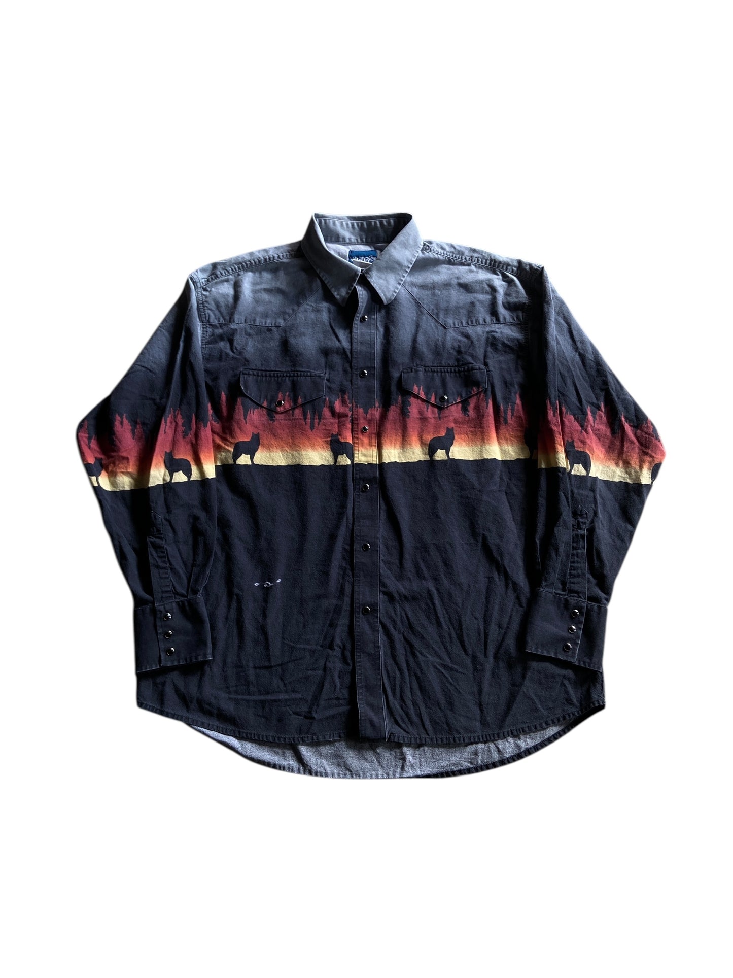 VTG Wrangler Western Wolves Button Up Shirt Sz 2XL