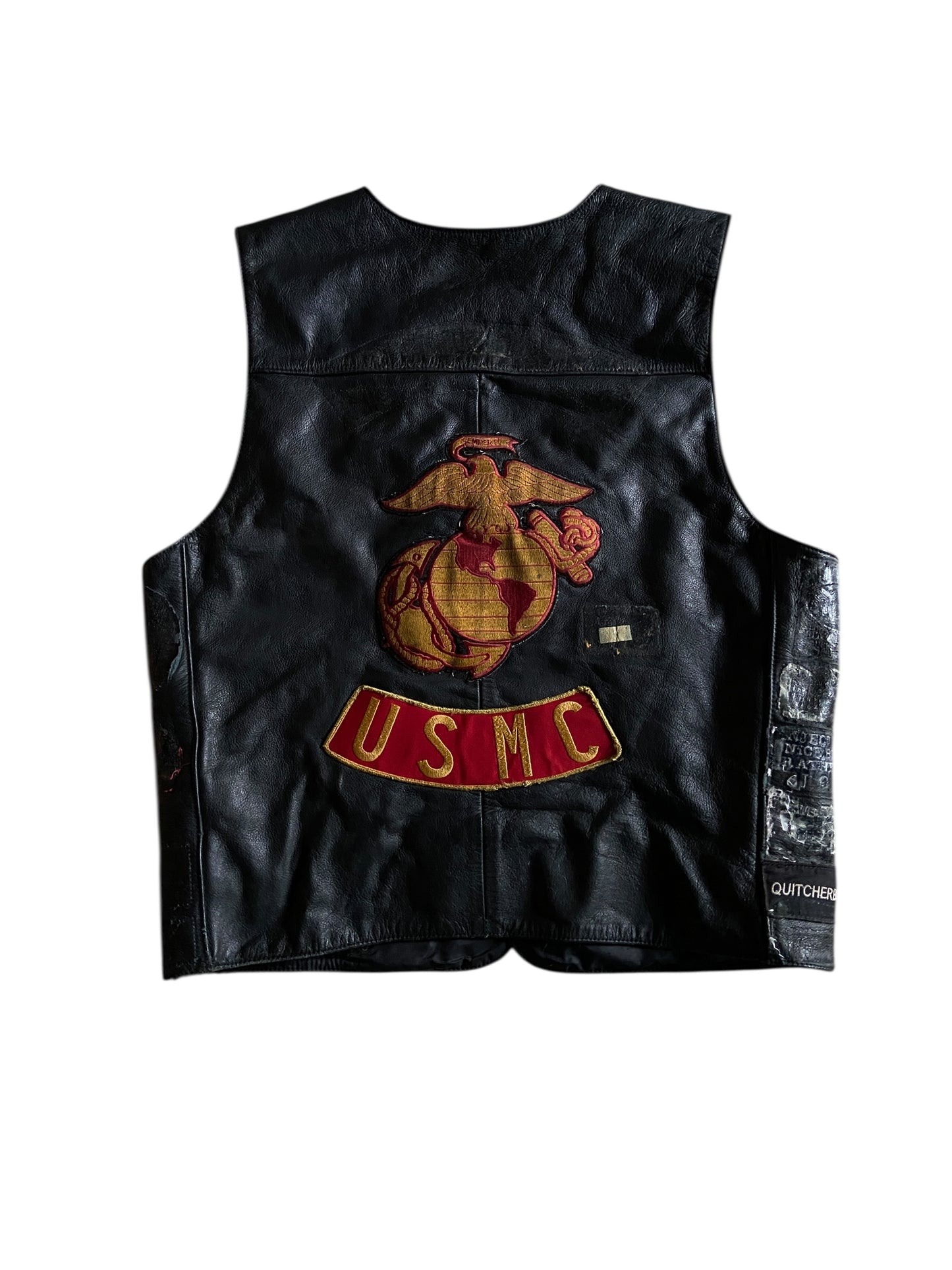 VTG Thrashed Harley Davidson USMC Leather Vest Sz L