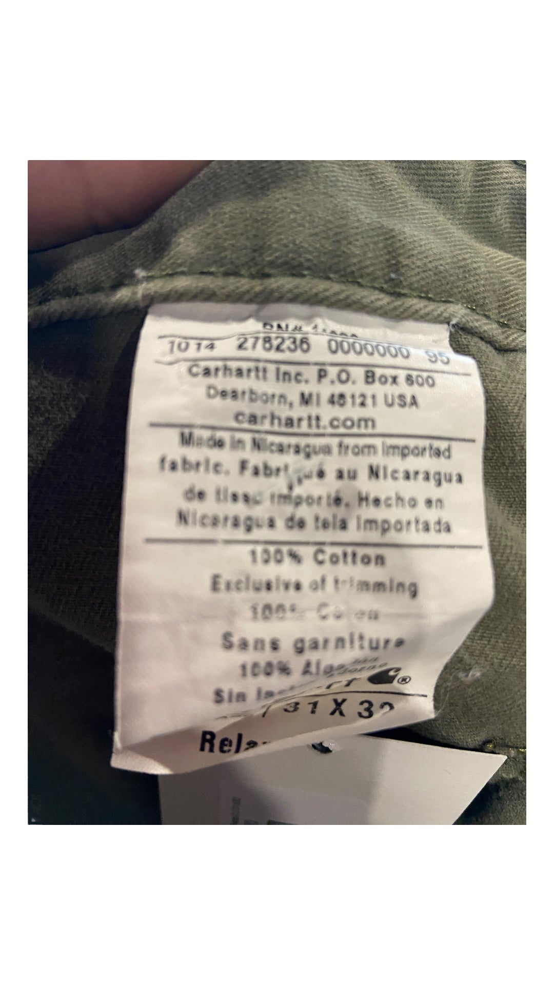 VTG Olive Carhartt Carpenter Pants Sz 31x30