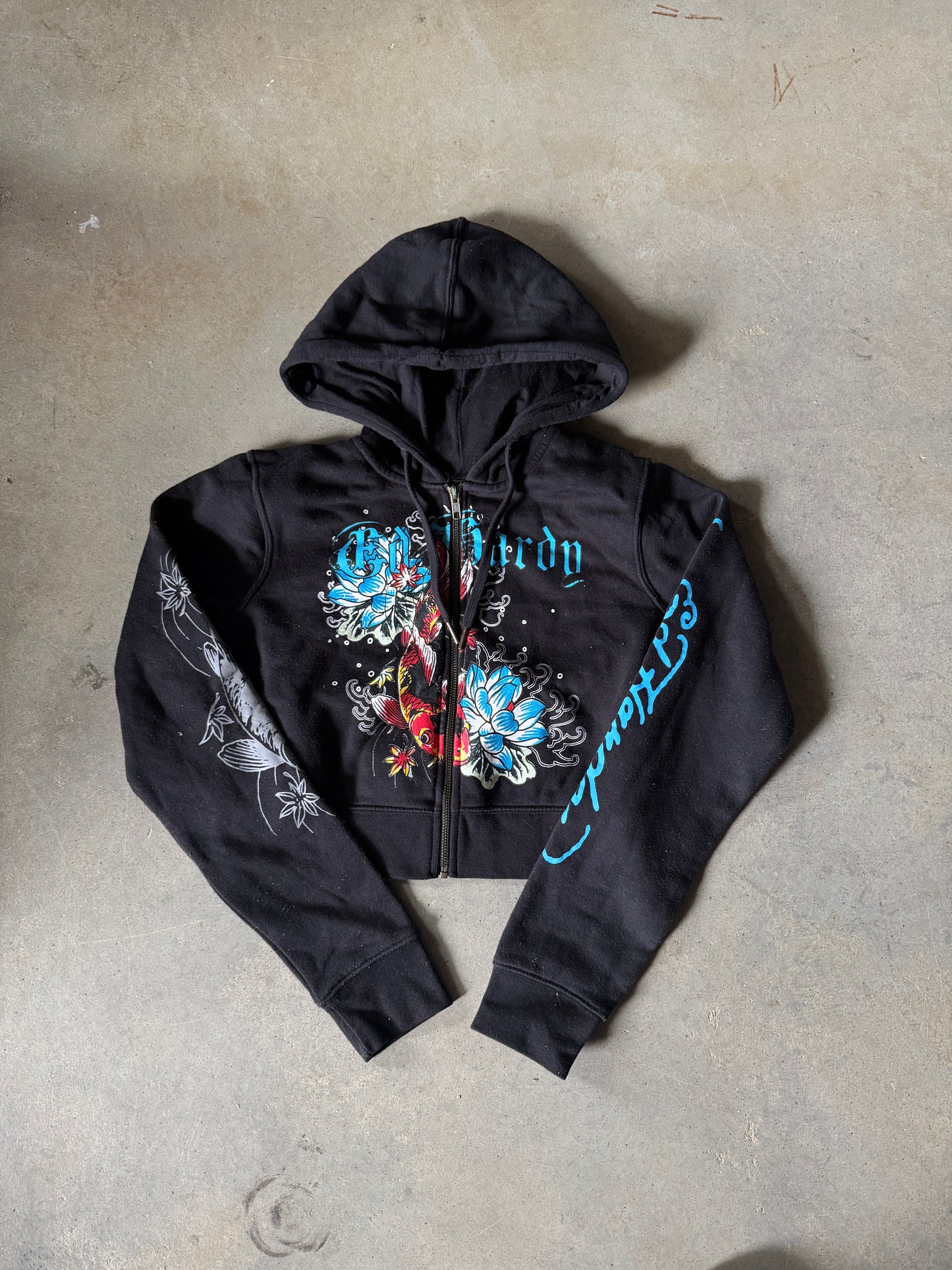 Y2K Wmns Ed Hardy Zip Up Cropped Hoodie Sz S