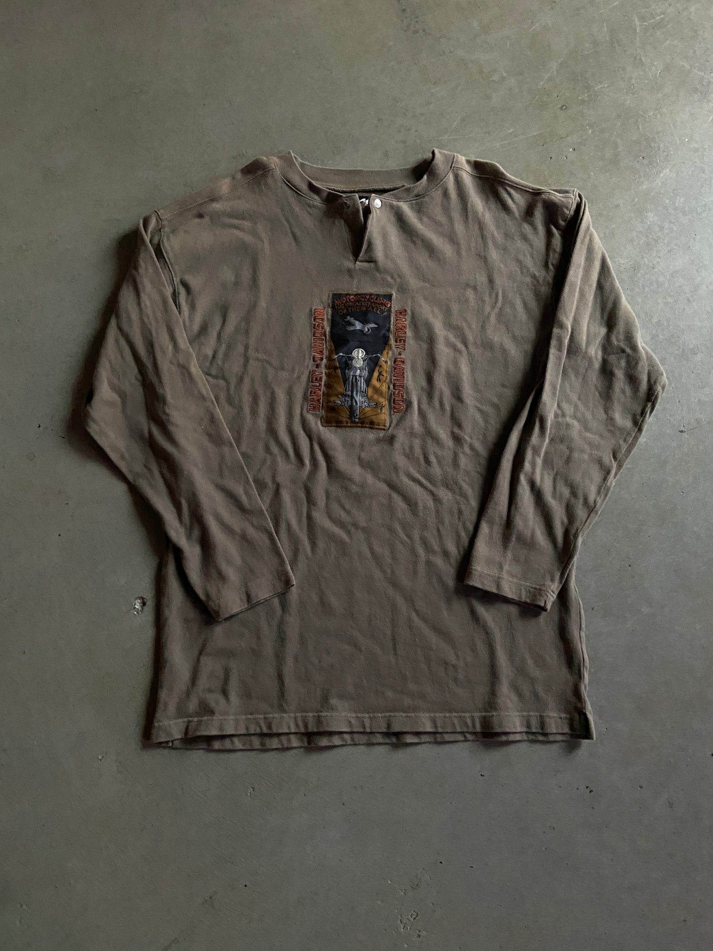 VTG Harley Davidson Thick Patch Henley L/S Tee Sz L