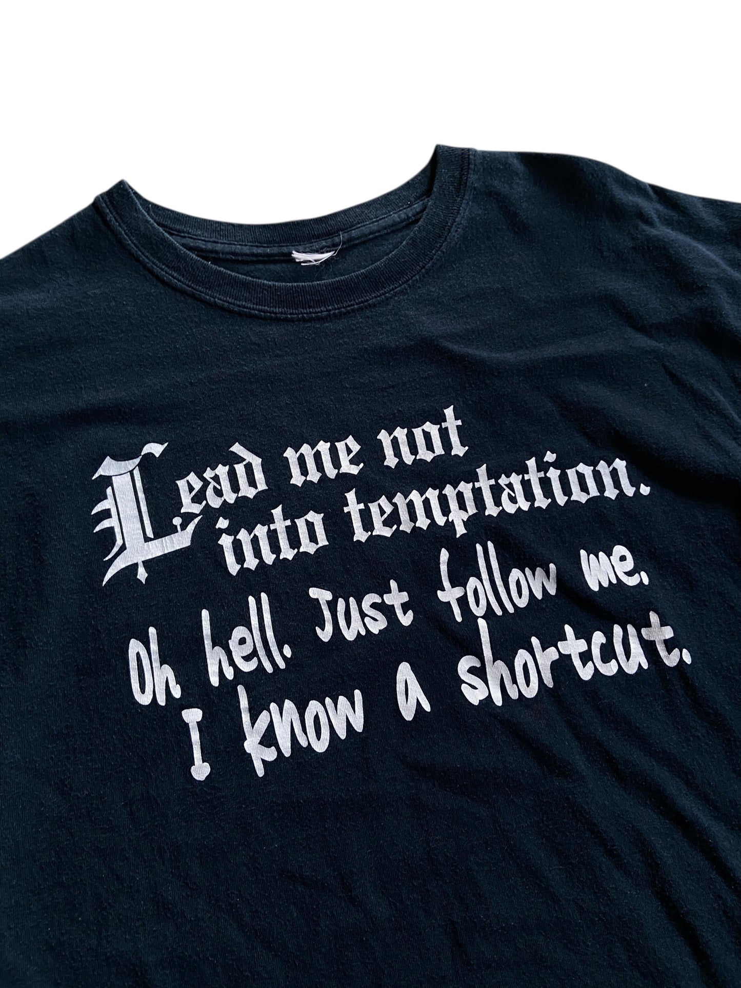 VTG Lead Me Not Into Temptation Text Tee Sz M