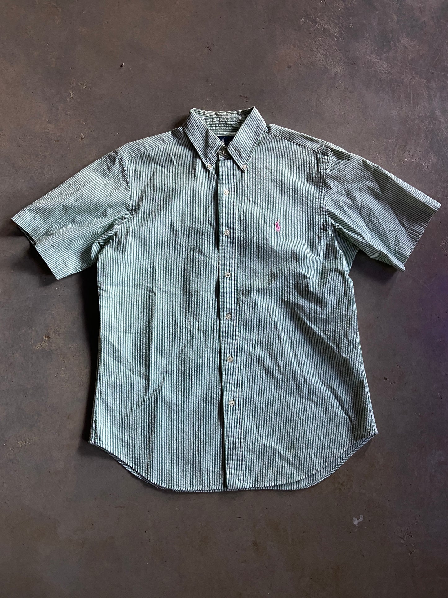 VTG Ralph Lauren Green Seersucker S/S Shirt Sz M