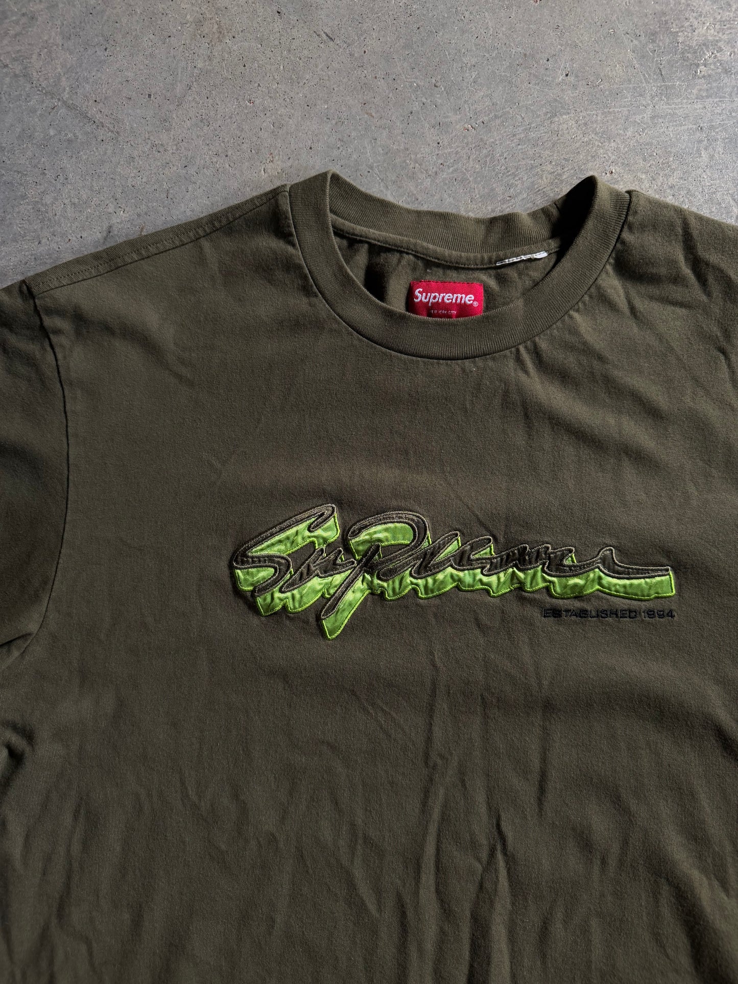 Supreme Shadow Script S/S Dark Olive Tee Sz L