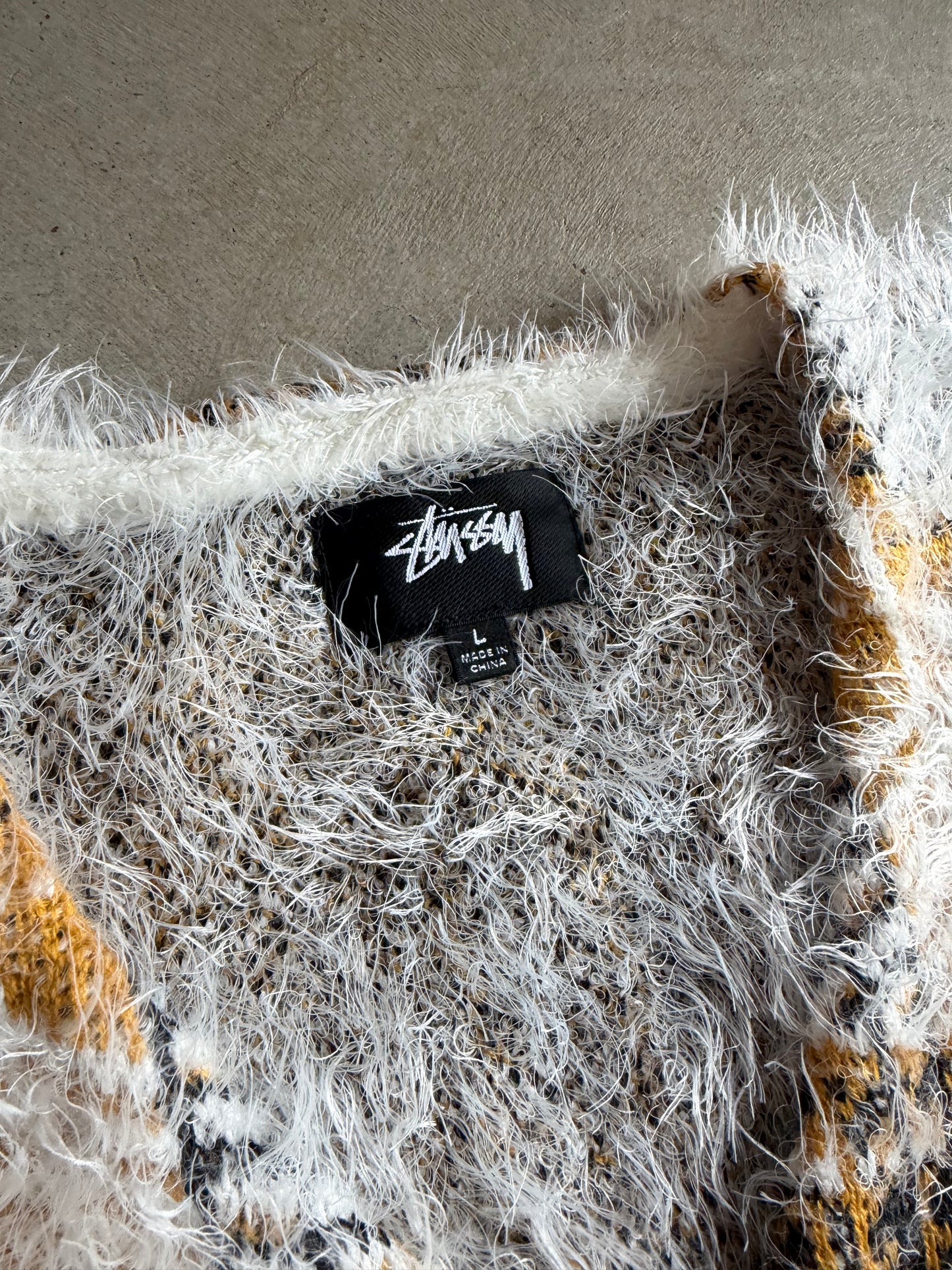 Stussy Yellow/White Fuzzy Cardigan Sweater Sz L