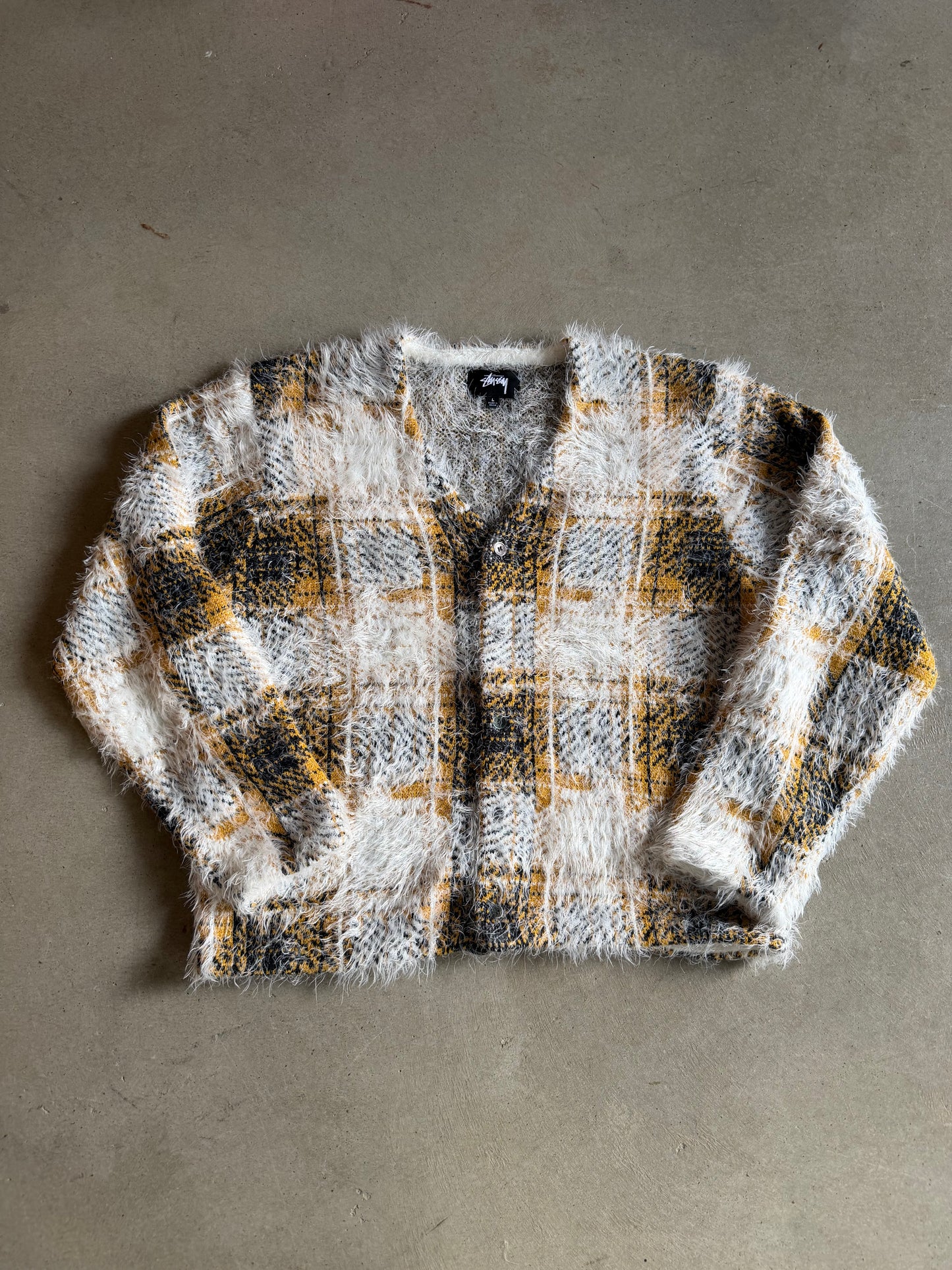 Stussy Yellow/White Fuzzy Cardigan Sweater Sz L