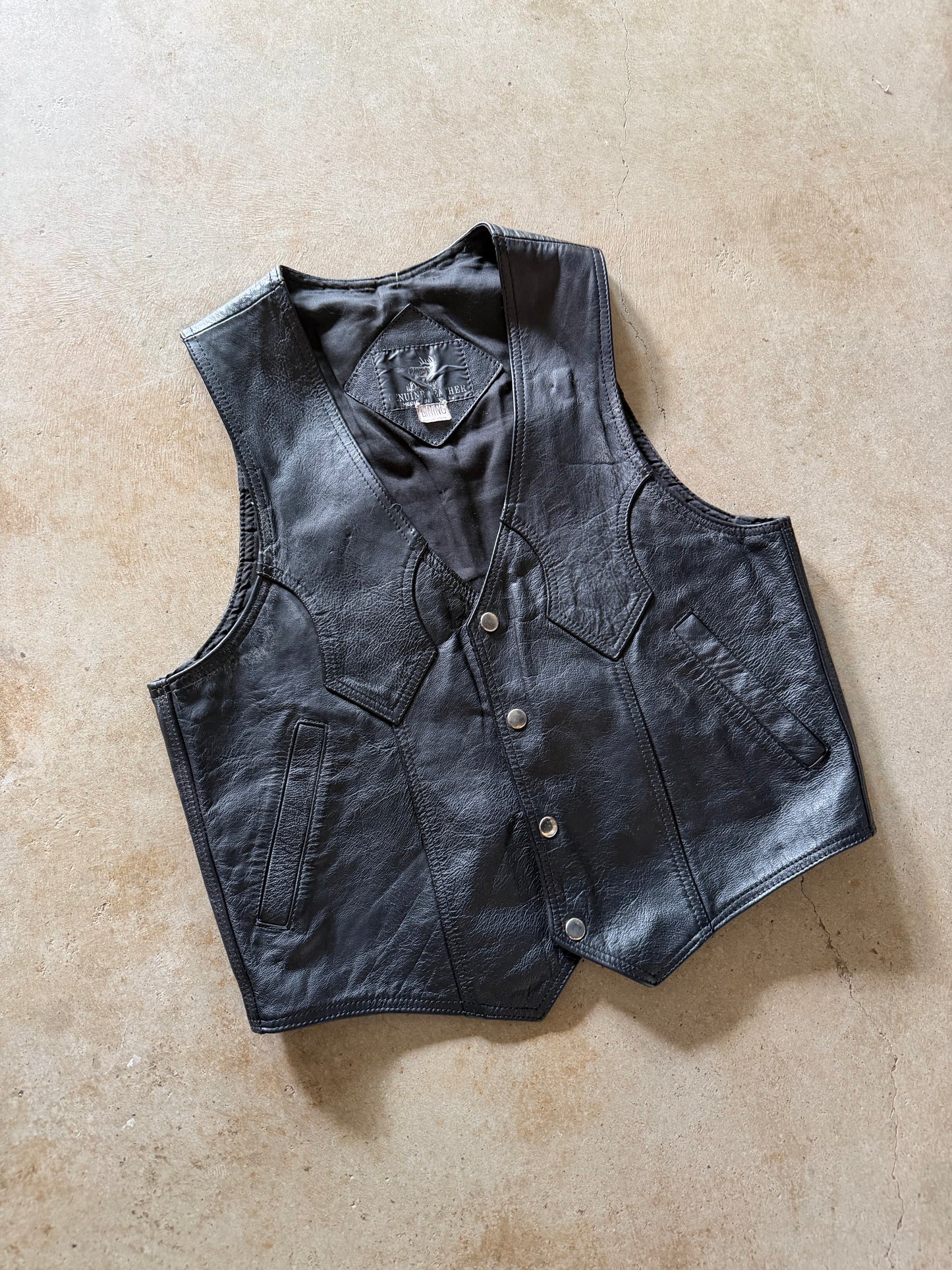 VTG Black Leaher Motorcycle Vest Sz M/L