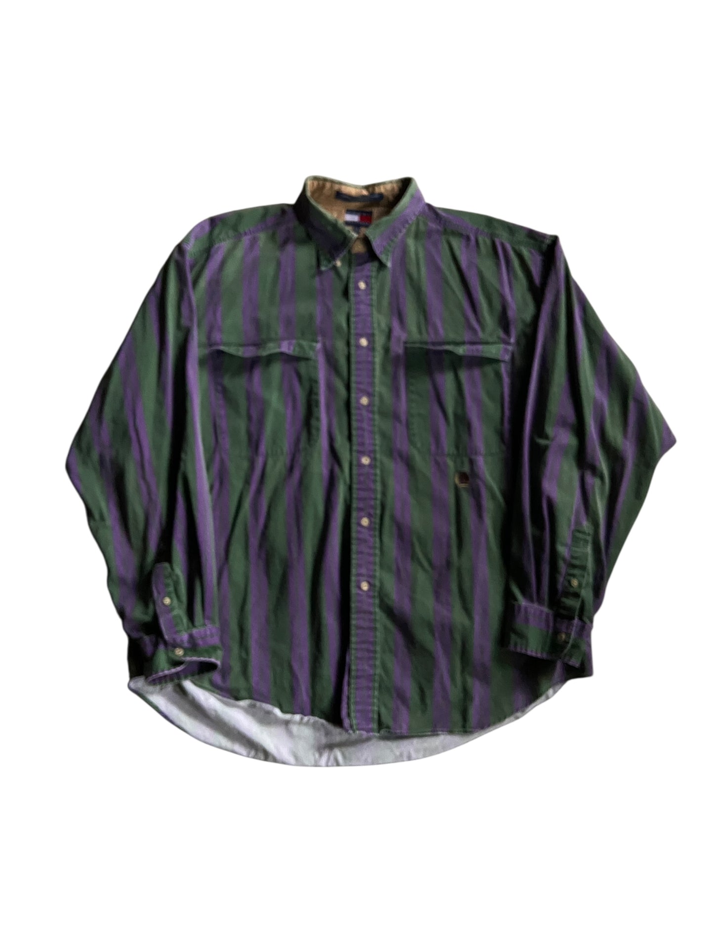 VTG Tommy Hilfiger Green/Purple Button Up Shirt Sz XL