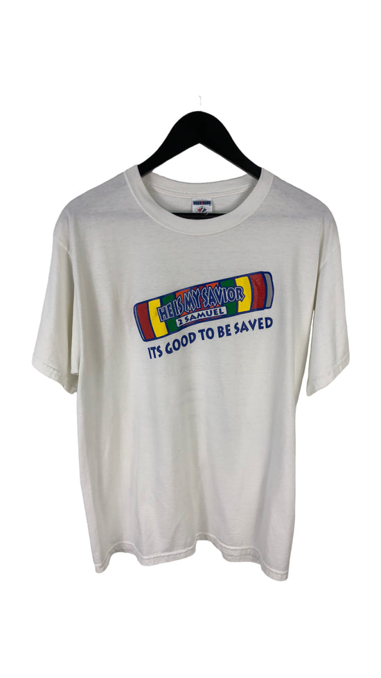 Load image into Gallery viewer, Vtg Lifesavers Religious Parody &amp;quot;He is My Savior&amp;quot; Tee Sz L
