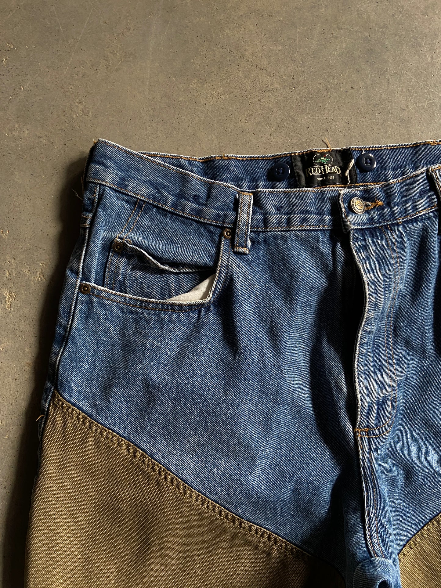 Y2K Red Head Denim Brush Pants Sz 36x29