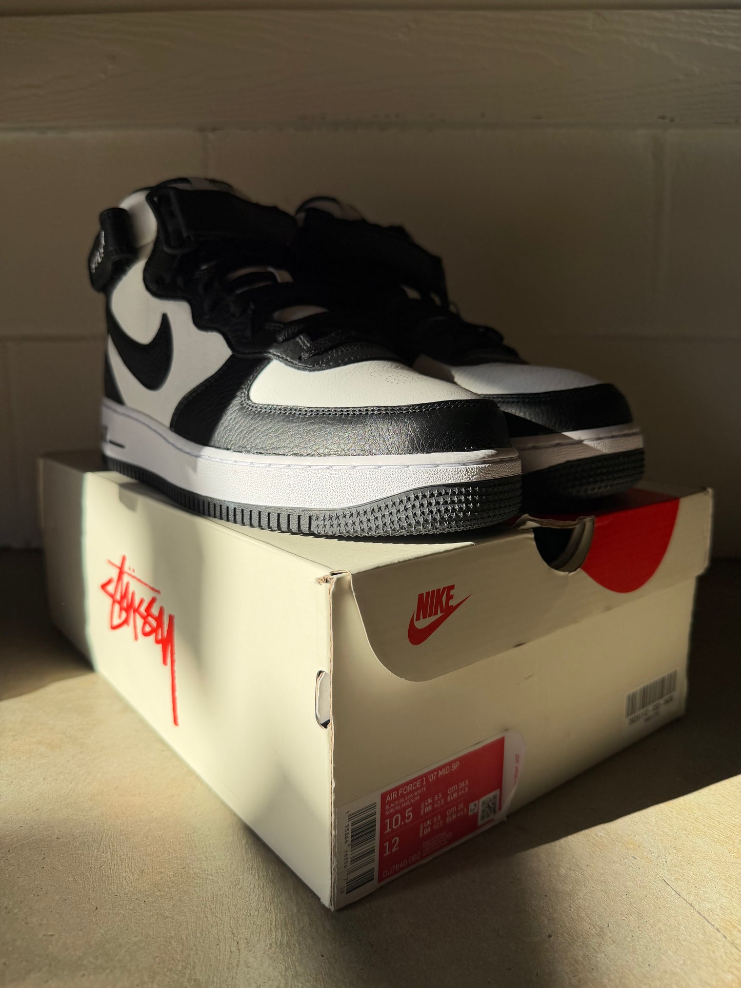 Preowned Nike Stussy Air Force One Mid Light Bone Black Sz 10.5M/12W