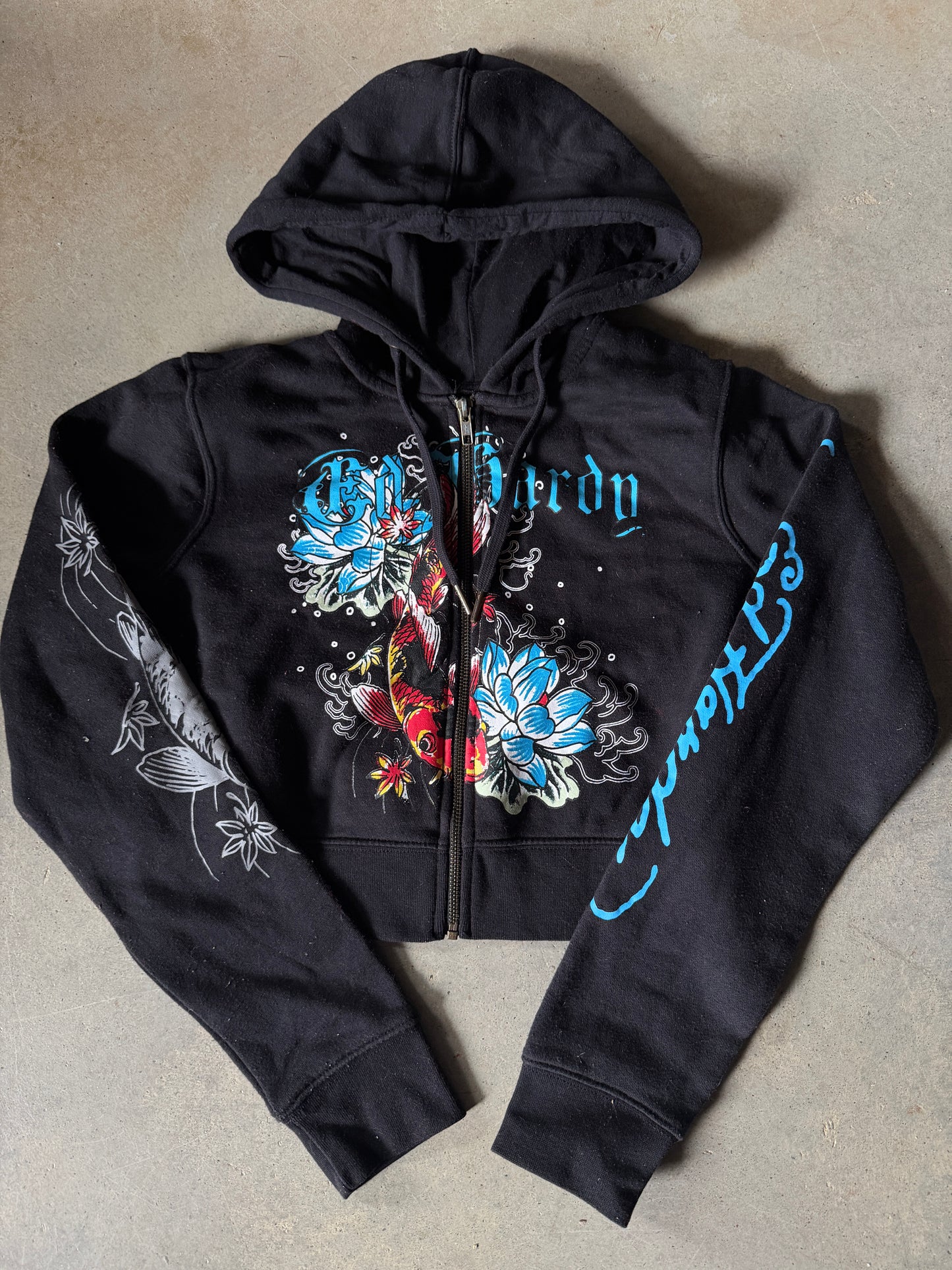 Y2K Wmns Ed Hardy Zip Up Cropped Hoodie Sz S