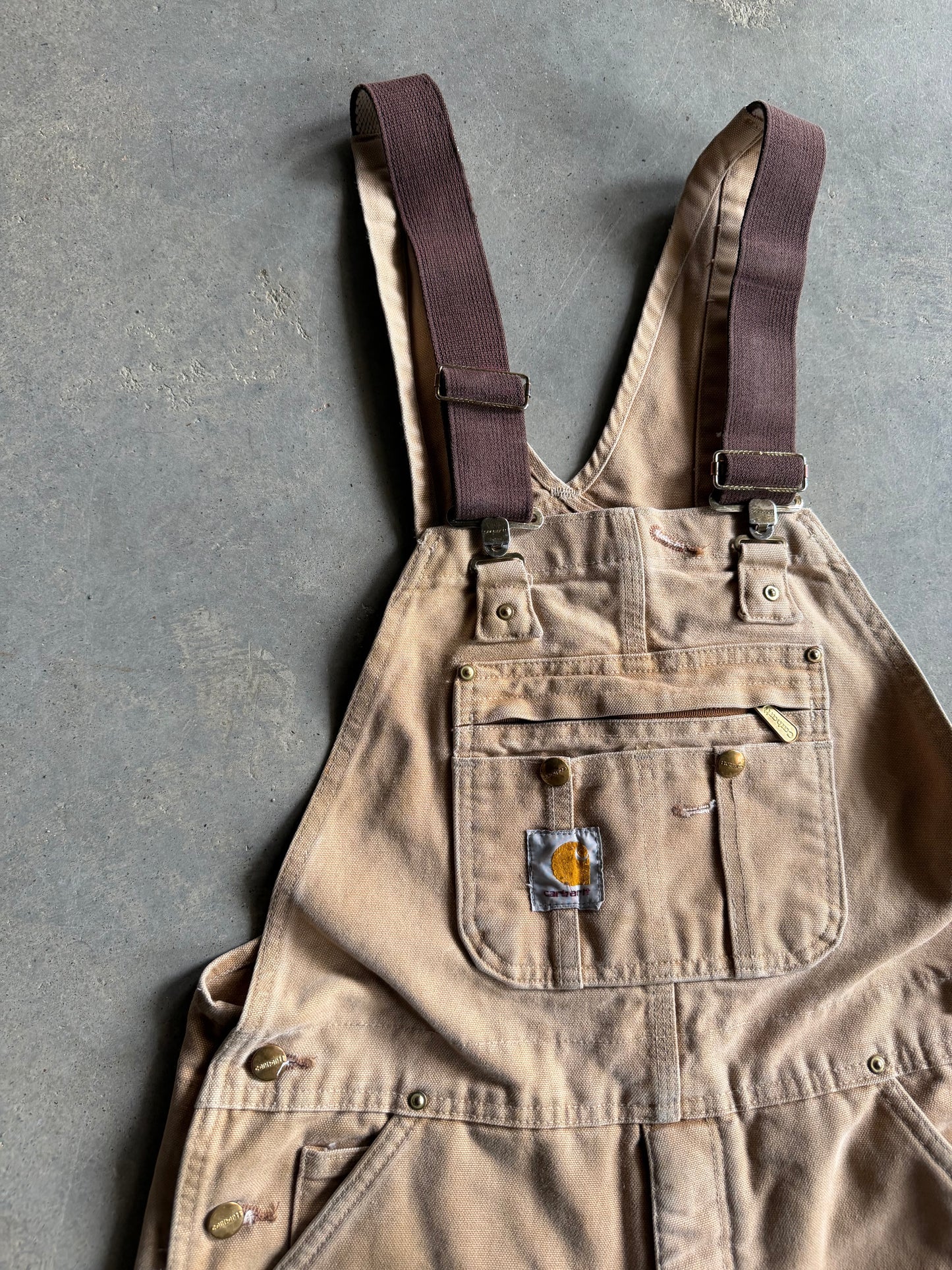VTG Carhartt Double Knee Khaki Overalls Sz 34x32