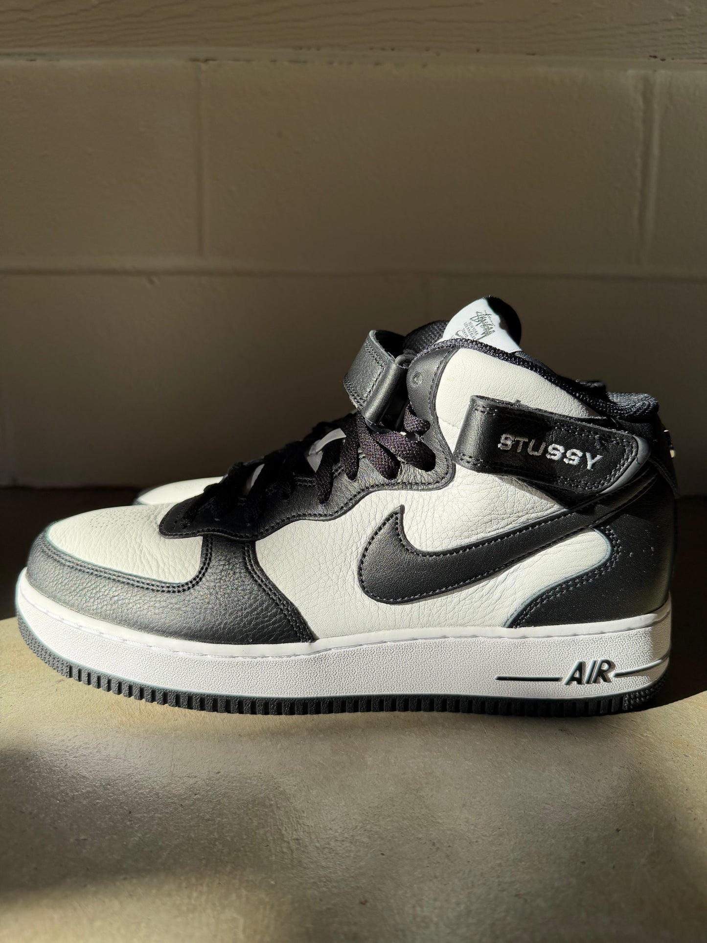 Preowned Nike Stussy Air Force One Mid Light Bone Black Sz 10.5M/12W
