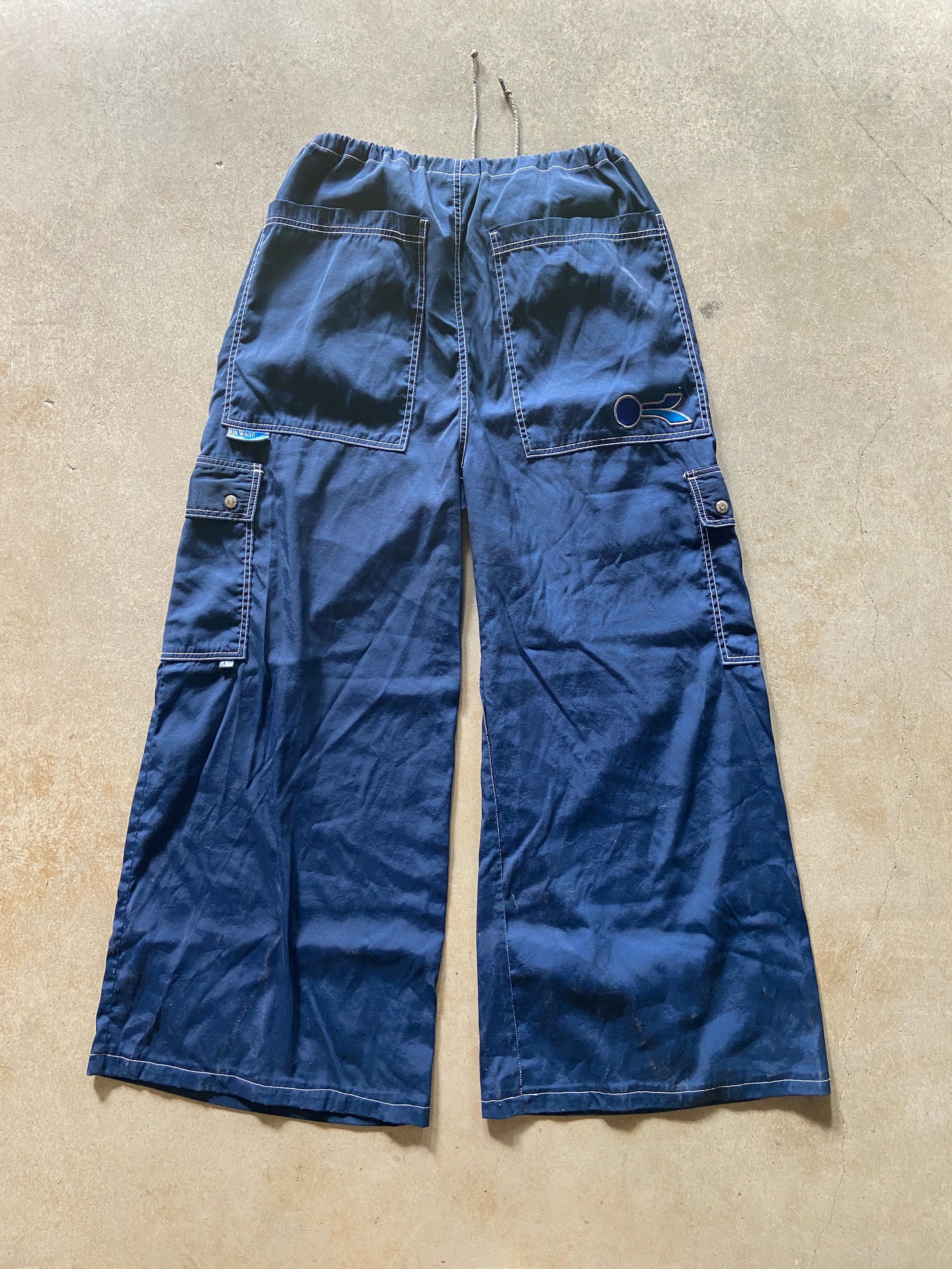 90s Kikwear Cargo Pants Baggy Rave Nylon Wide Drawcord Pants Sz 32x30