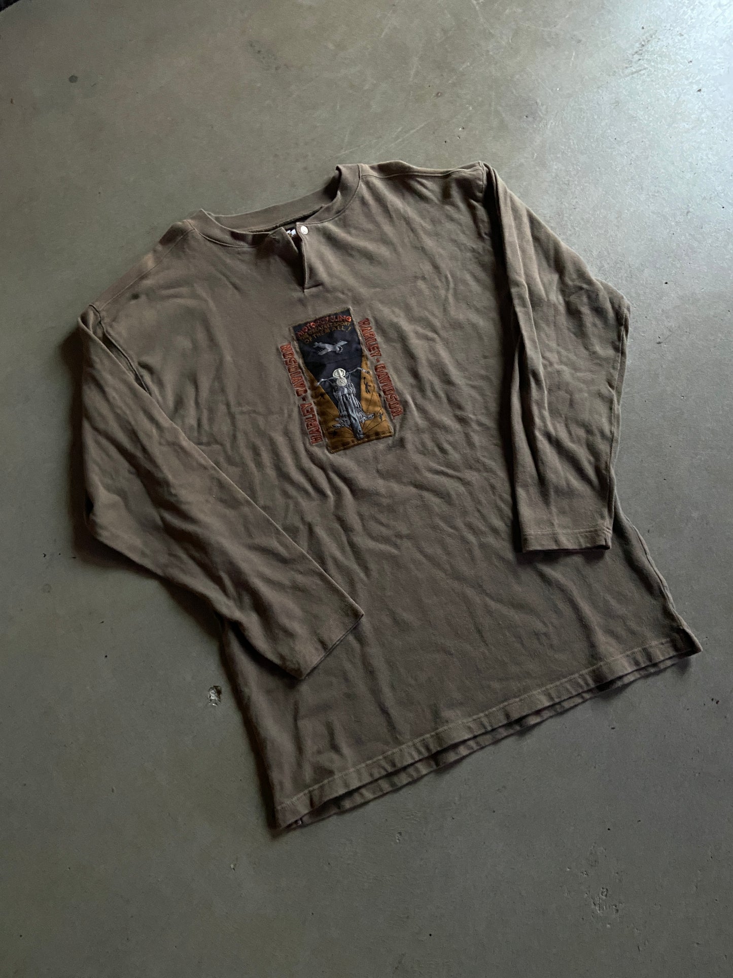 VTG Harley Davidson Thick Patch Henley L/S Tee Sz L