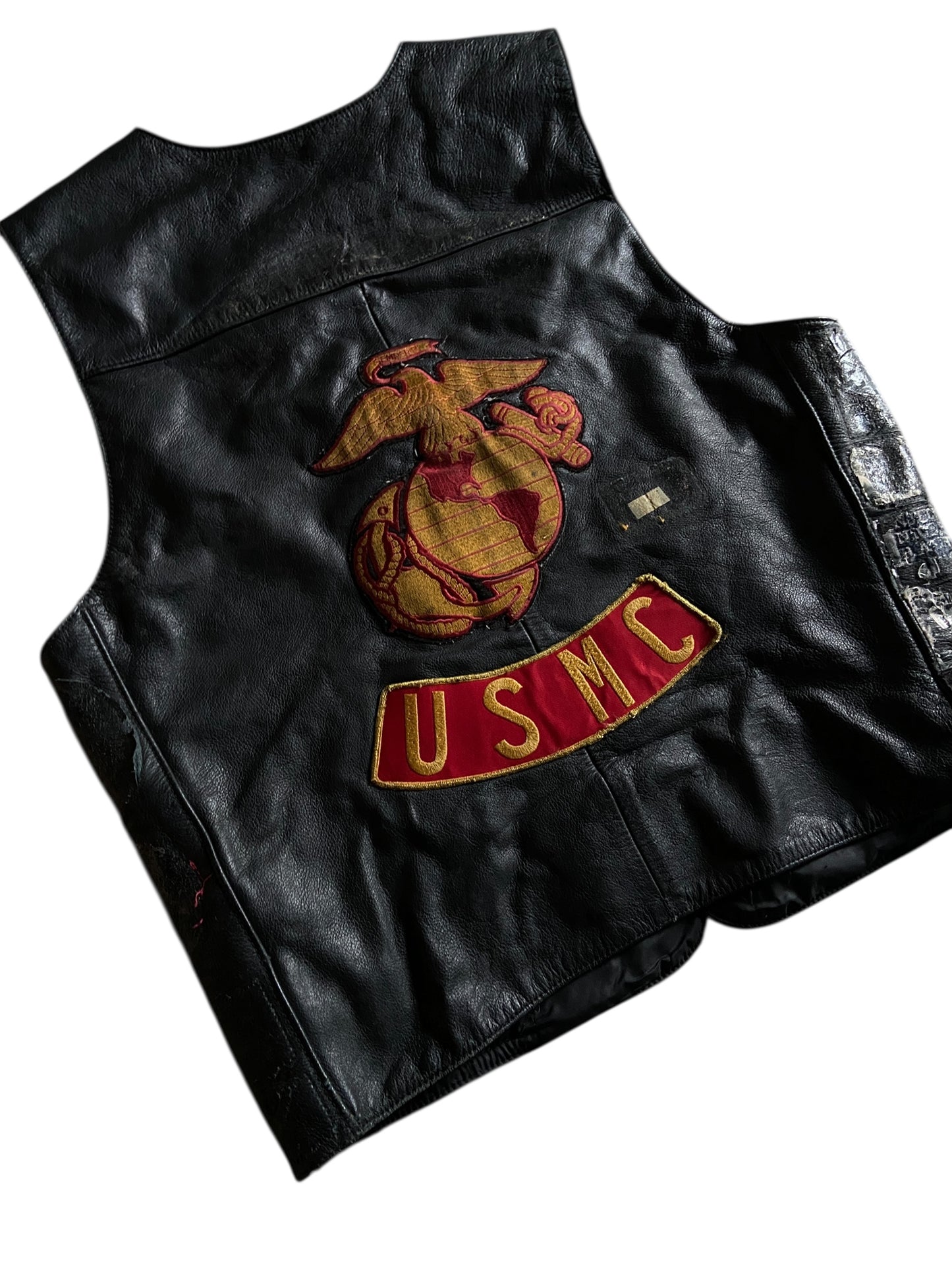VTG Thrashed Harley Davidson USMC Leather Vest Sz L