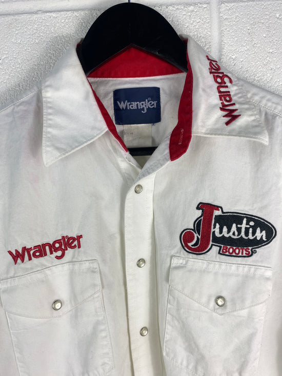 Load image into Gallery viewer, VTG White Wrangler Button Up &amp;#39;Justin Boots&amp;#39; L/S Shirt Sz L
