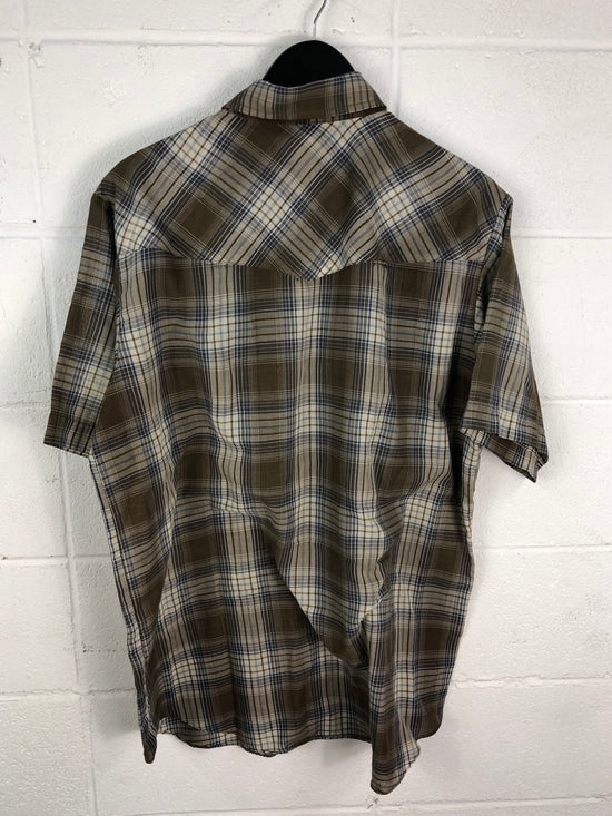 VTG Brown/Blue S/s Pearl Snap Shirt Sz XL