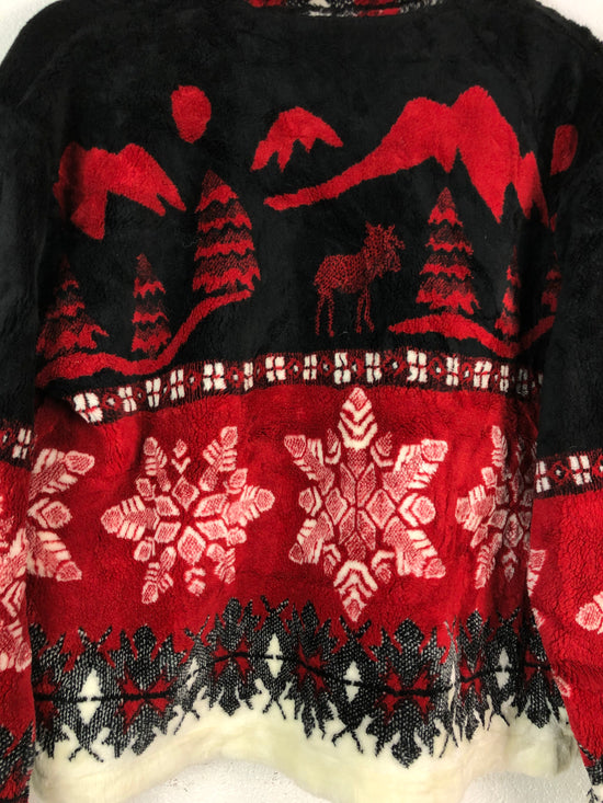 VTG Wmn's Red Winter Alps Fleece Button Up Jacket Sz L