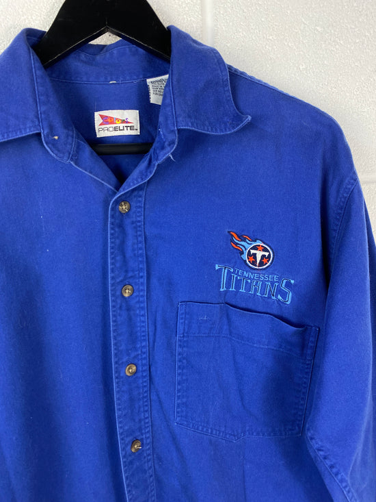 Load image into Gallery viewer, Y2K Tennessee Titans Embroidered Blue L/S Button Up Shirt Sz L

