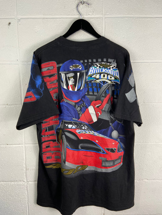 Load image into Gallery viewer, VTG Brickyard 400 Invasion Racing All Over Print Tee Sz XL/2XL
