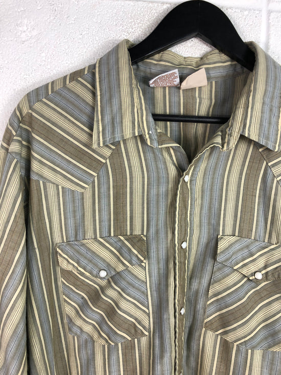 VTG Western Tan/Light Blue Striped Pearl Snap L/S Shirt Sz 3XL