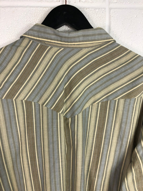 VTG Western Tan/Light Blue Striped Pearl Snap L/S Shirt Sz 3XL