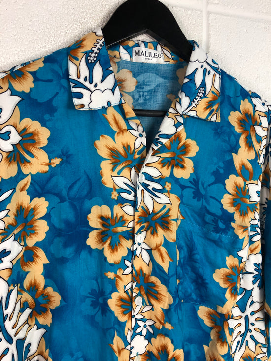 VTG Malileo Italy Blue/Yellow Hawaiian Shirt Sz M/L