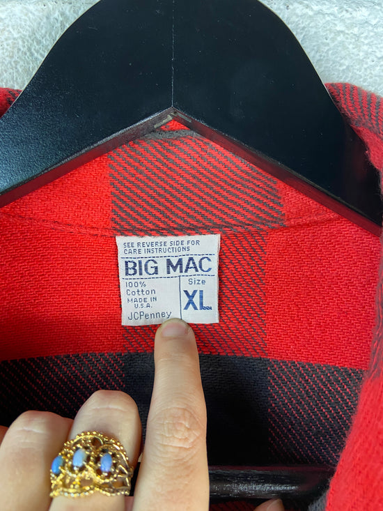 Vtg 70s JC Penney Big Mac Flannel Red Plaid Shirt Sz XL