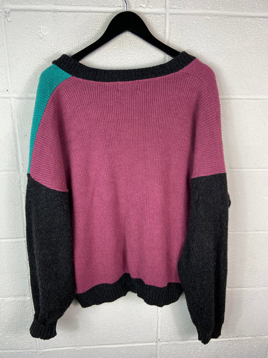 VTG Fluid Pink/Teal Wool Colorblock Cardigan Sz XL