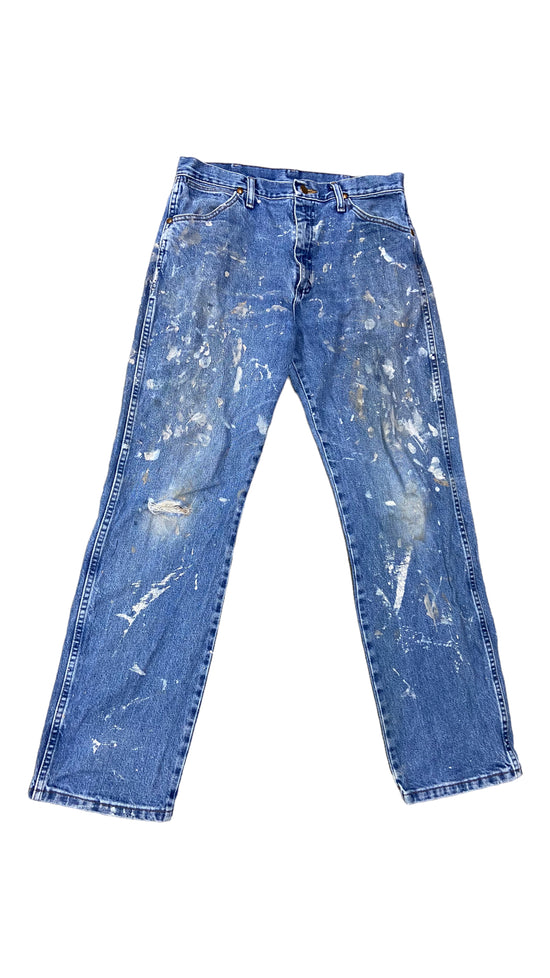 VTG Wrangler Paint Splatter Blue Jeans Sz 32x31