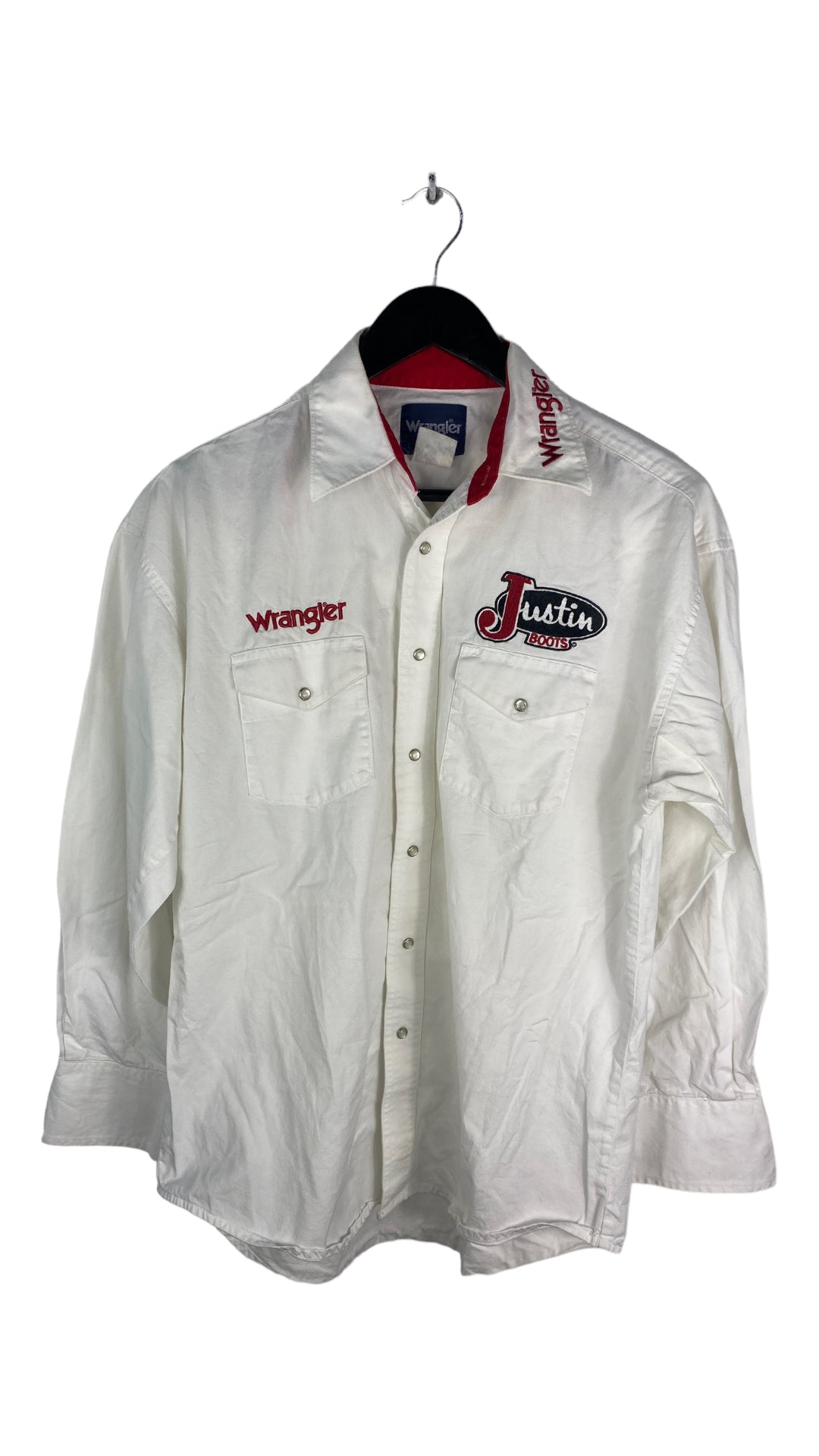 Load image into Gallery viewer, VTG White Wrangler Button Up &amp;#39;Justin Boots&amp;#39; L/S Shirt Sz L
