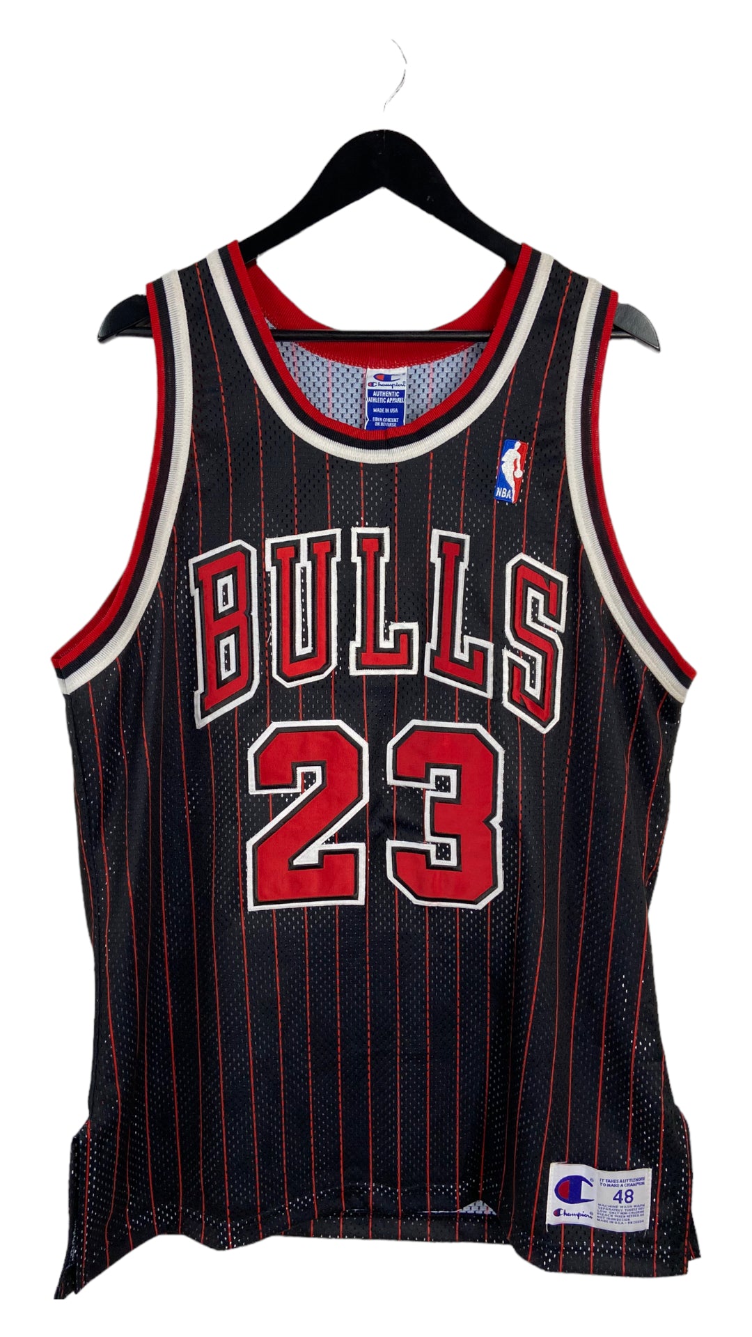 VTG Chicago Bulls Michael Jordan Champion Black Pinstripe Jersey Sz 48