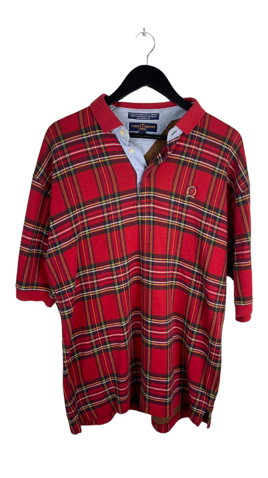 VTG Tommy Hilfiger Red Plaid Polo Shirt Sz XL