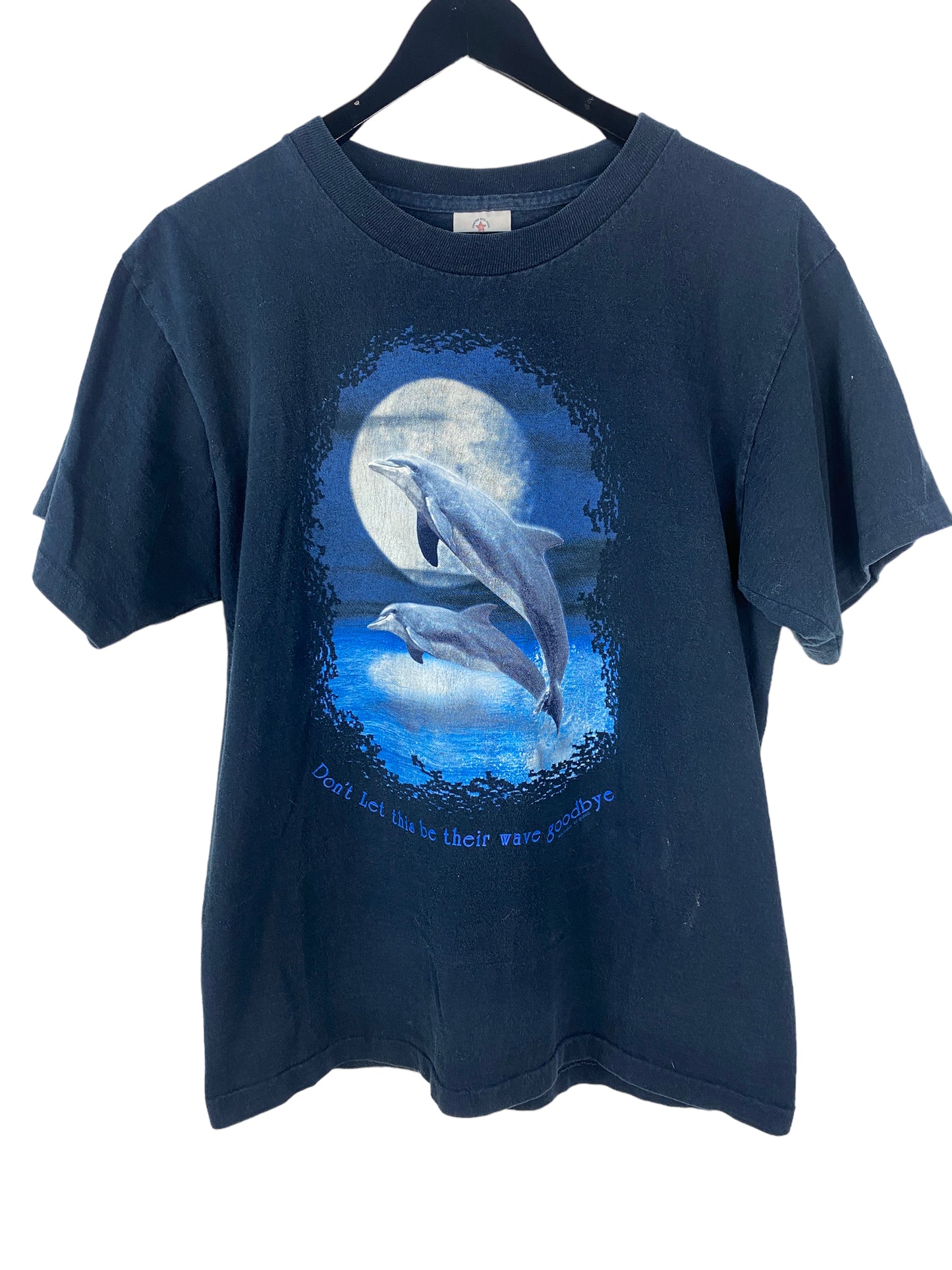 Load image into Gallery viewer, VTG Don’t Let This Be Their Wave Goodbye dolphin Tee Sz S
